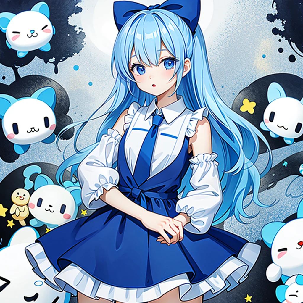  1 girl, Alone, Cynamic,  blue hair,  blue eyes,  hair ring,  hair bow, (blue bow), (Cinnamoroll, Tie your ears, Sanrio, 1Other, biology:1.2),  Black Sleeves ,  bare shoulders,  blue tie ,  wide sleeve , Colored Shirt,  detachable sleeve , Tic,  blue tie , Frill collar,  frill shirt, Gorgeous, Cute, Cowboy Shooting, microphone,