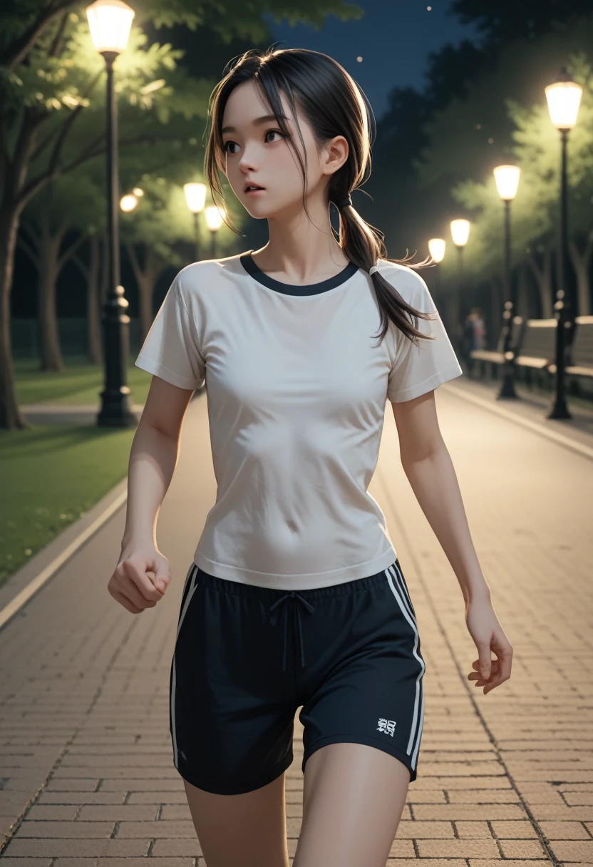 Japanese,slender,black hair,low Ponytail,small breasts,shirt,running,park,night,upper body