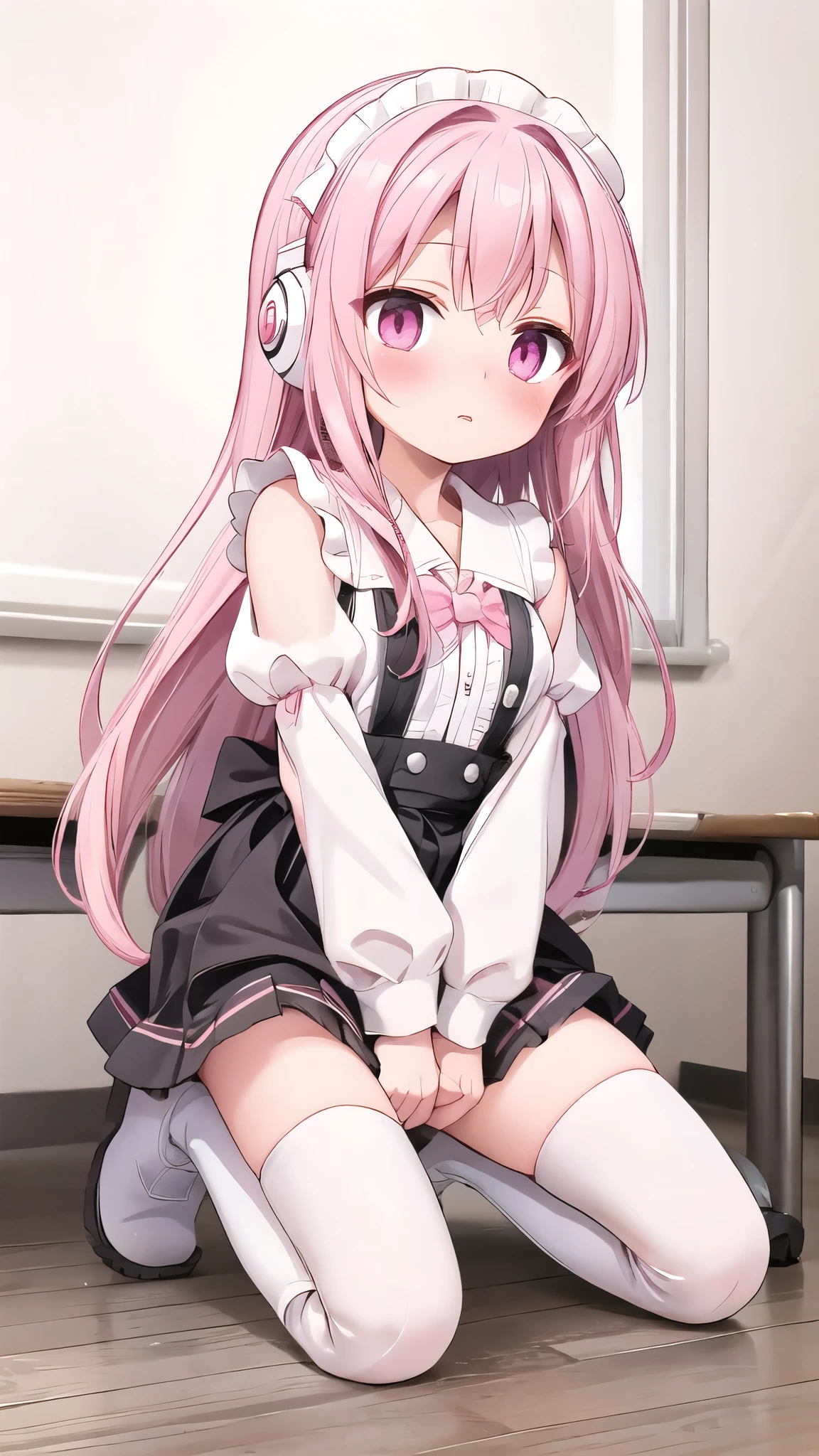  long pink hair，Maid costume， Pink Eyes ， black headphones ，White boots， blush shy，classroom scene， Embarrassment comes from ,  blush), ,, Look away, sit, Awkward,  blush, Mouth slightly open, classroom， white over-the-knee socks，