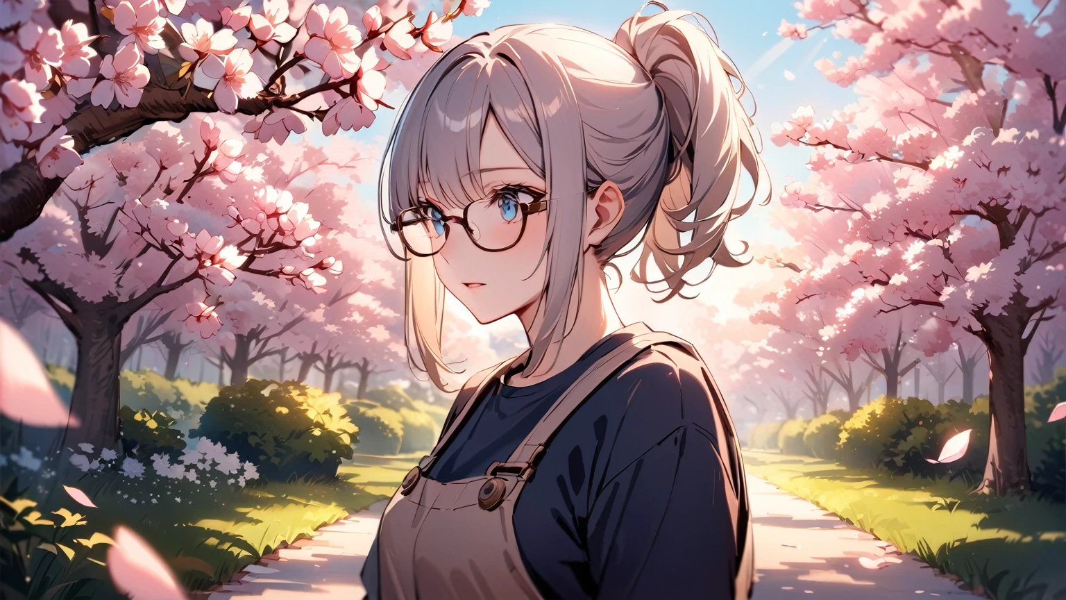 A beautiful scientist with long, silver hair tied back in a loose ponytail, standing in a serene spring garden. She has radiant blue eyes that shine with intelligence, and wears stylish eyeglasses that add a touch of sophistication to her look. Dressed casually yet elegantly, she is wearing a dark blue T-shirt that contrasts with her pale hair, along with a short skirt that completes her modern, relaxed style. The background features a picturesque garden in full bloom, with cherry blossom trees casting delicate pink petals into the air, creating a soft, dreamy atmosphere. The scene captures the essence of spring, with warm sunlight filtering through the branches, illuminating her upper body and face in a natural, gentle glow. Her expression is calm and thoughtful, and the focus on her upper body allows for intricate details in her face, glasses, and outfit. The overall style is realistic yet slightly anime-inspired, with vibrant colors and soft, warm lighting