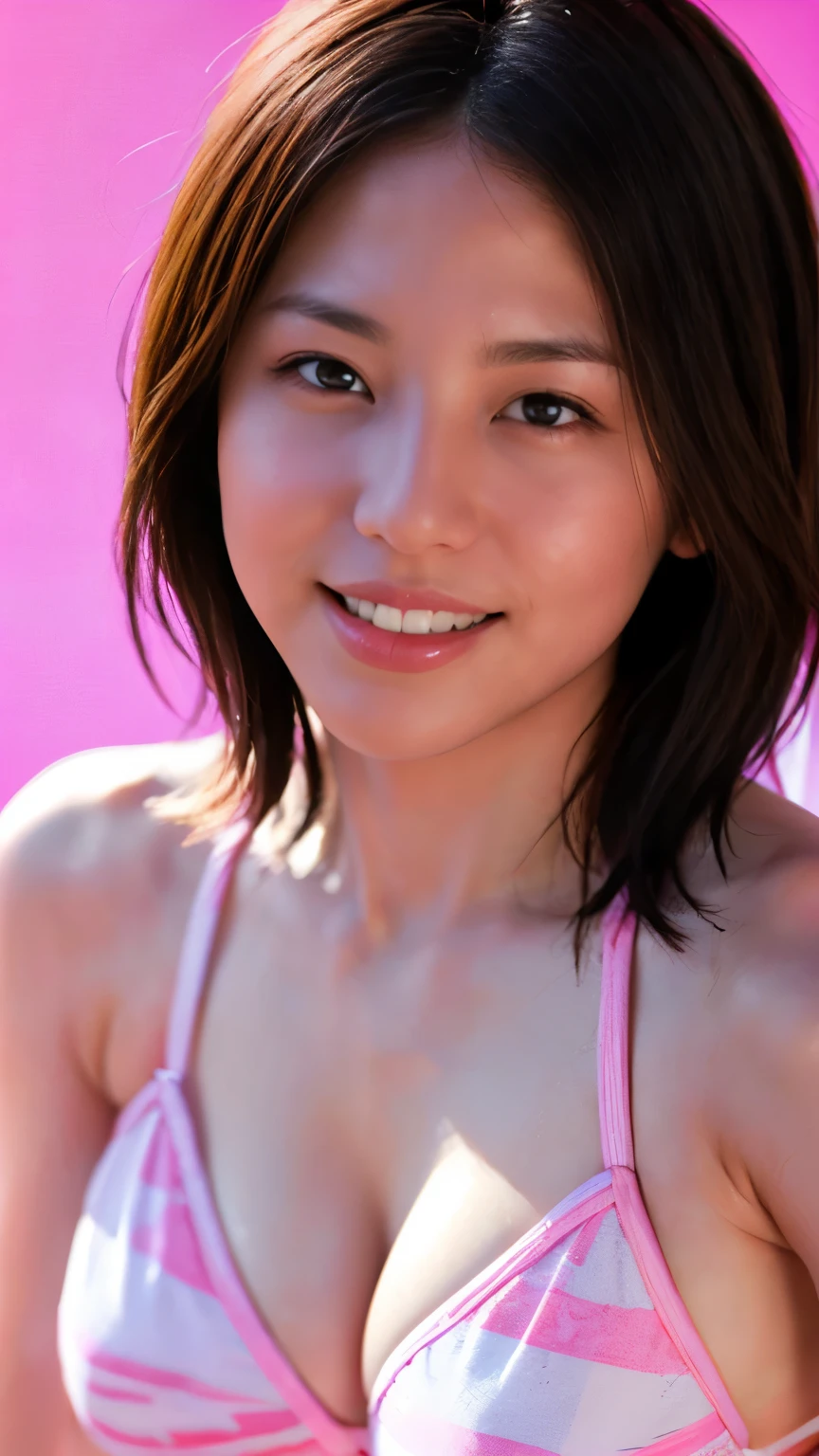 a woman with a perfect figure wearing a pink tube top wedding dress, large breasts:1.5, beaming smile, turning towards the camera from the side, light pink background, curly short bob, photoshoot,  bright lights in front of the temple,(best quality,4K,8k, highres icon,masterpiece:1.2),ultra-detailed,(realistic,photorealistic,photo-realistic:1.37),HDR,UHD,studio lighting,ultra-fine painting,sharp focus,physically-based rendering,extreme detail description,professional,vivid colors,bokeh,portrait