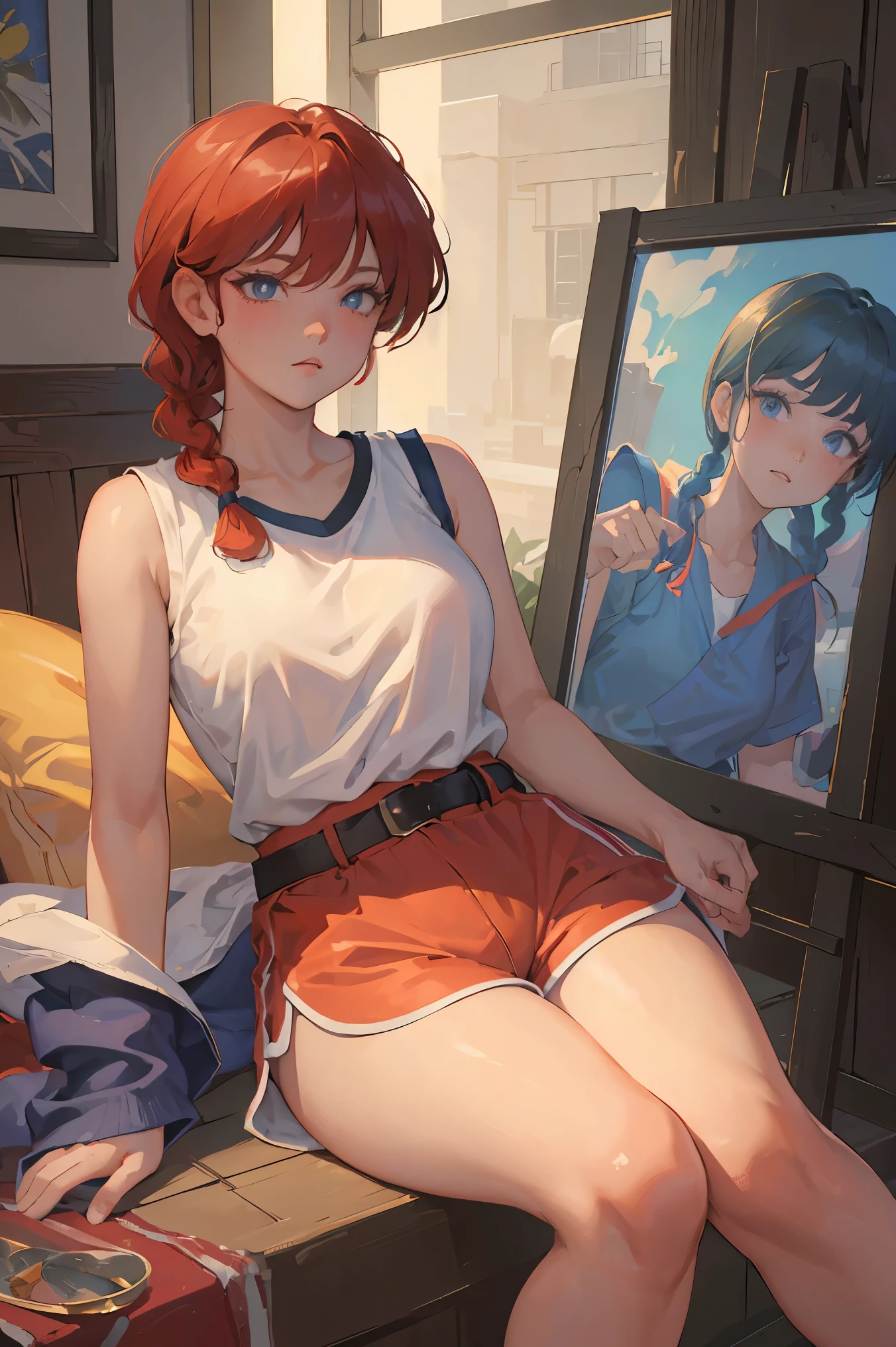 Best quality, High resolution: 1,2), 1 girl, Beautiful detailed eyes, Beautiful detailed lips, Extremely detailed eyes and face, Long eyelashes,: Oil painting, Vivid colors, HDR, Studio lighting, Ultra fine painting, Sharp focus, Physically based rendering, Extremely detailed description (8K, RAW photo, Best quality, Masterpiece: 1,2), RanmaChan, Ranma, (Casual clothes, Shorts, White shirt, Sleeveless), (Nightwear)Ranma Chan, Ranma, Red hair, Braided belt, Blue pants, Chinese martial art