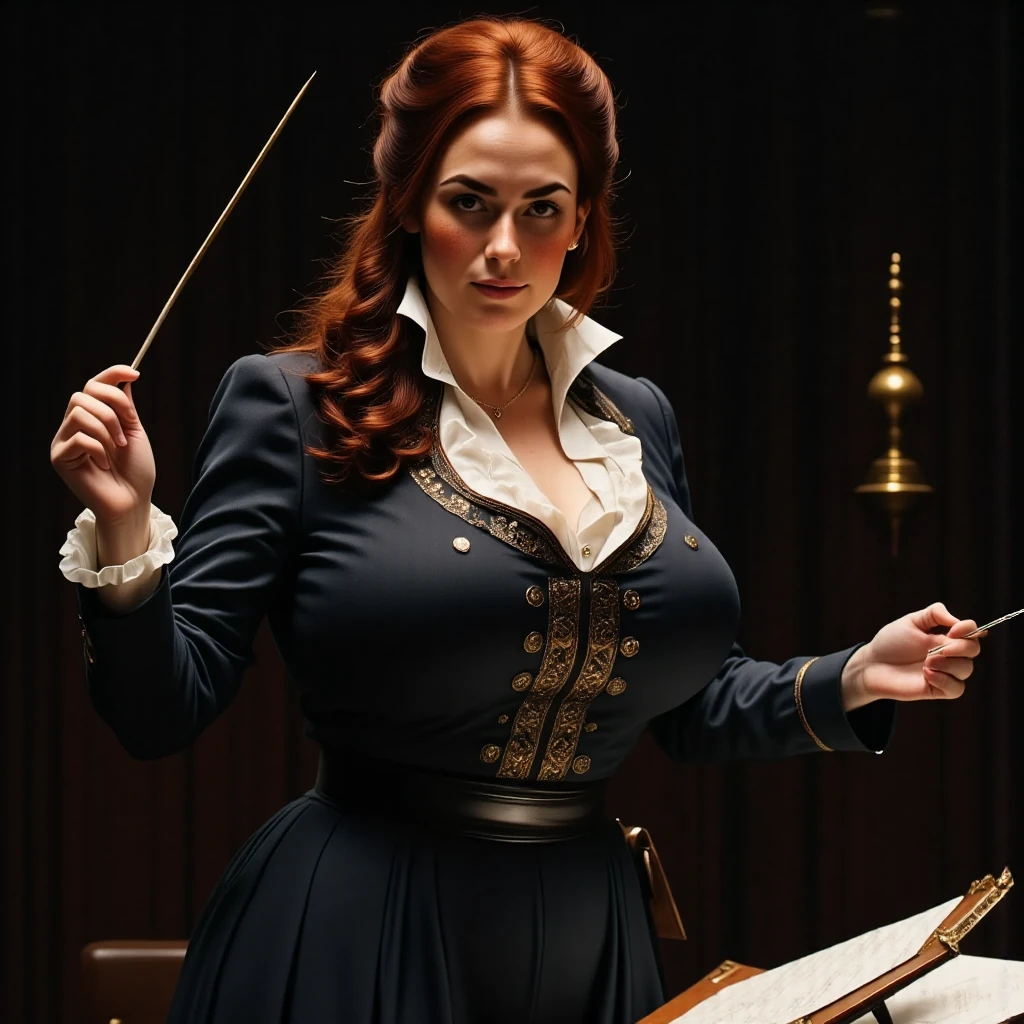 Photorealistic picture from the side, featuring a woman conducting a philharmonic orchestra. (dynamic pose:1.5) Black background. She is standing on a pedestal with a conductor's baton in hand. Note stand, sheet music. She is wearing a 1700s century outfit, black tailcoat with silver decorations, white silk embroidered vest. White ruffle collar shirt. She is a beautiful british woman, with brown eyes, downturned eye shape. She has high cheekbones and dark eyebrows. Long chestnut brown hair, gathered up into an elegant hairdo. light skin and freckles. perfect hand. massively huge breasts.