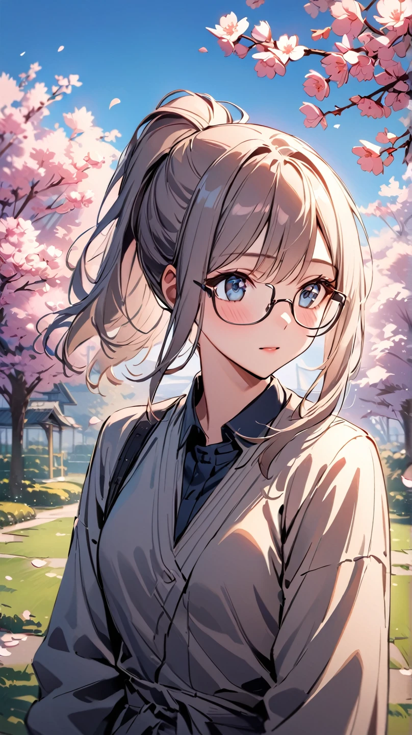 A beautiful scientist with long, silver hair tied back in a loose ponytail, standing in a serene spring garden. She has radiant blue eyes that shine with intelligence, and wears stylish eyeglasses that add a touch of sophistication to her look. Dressed casually yet elegantly, she is wearing a dark blue T-shirt that contrasts with her pale hair, along with a short skirt that completes her modern, relaxed style. The background features a picturesque garden in full bloom, with cherry blossom trees casting delicate pink petals into the air, creating a soft, dreamy atmosphere. The scene captures the essence of spring, with warm sunlight filtering through the branches, illuminating her upper body and face in a natural, gentle glow. Her expression is calm and thoughtful, and the focus on her upper body allows for intricate details in her face, glasses, and outfit. The overall style is realistic yet slightly anime-inspired, with vibrant colors and soft, warm lighting