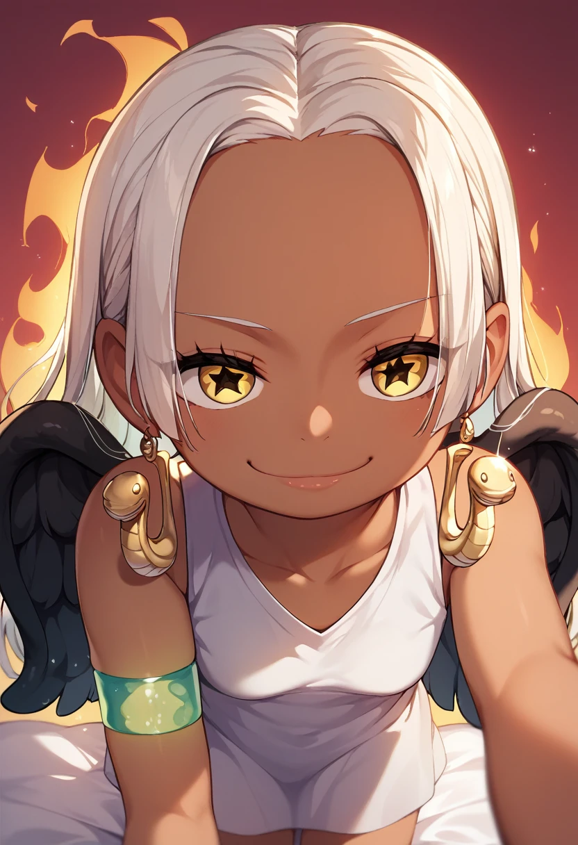 UHD, retina, textured skin, high details, high quality, best quality,  highres icon, 1080P, HD, 16k、1 Girl,Earthsnake , Long Hair, white hair, Brown Skin、,  earrings for a woman alone, Yellow Eyes, symbol-shaped pupils,  black wings  ,  small breasts.  sundress,  white dress,  sleeveless, armlet、 cute、Flames on the back、flat chest、all fours、from above、looking up、half-closed eyes, wearing a smug expression, closed mouth, smug