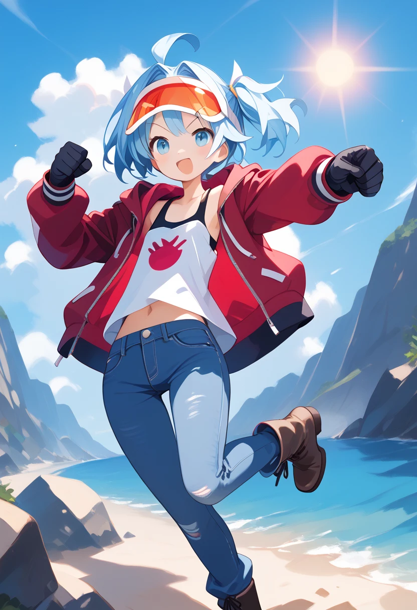   1 girl,  short hair,  light blue hair,  flat chest,black目, beach background  , whole body, slender,Tall, holding white socks ,Ahoge,(black　big　Gloves),jeans,( brown　 boots),Make a fist pump,(red　  jacket　 tank top ),Sun visor,  ponytails