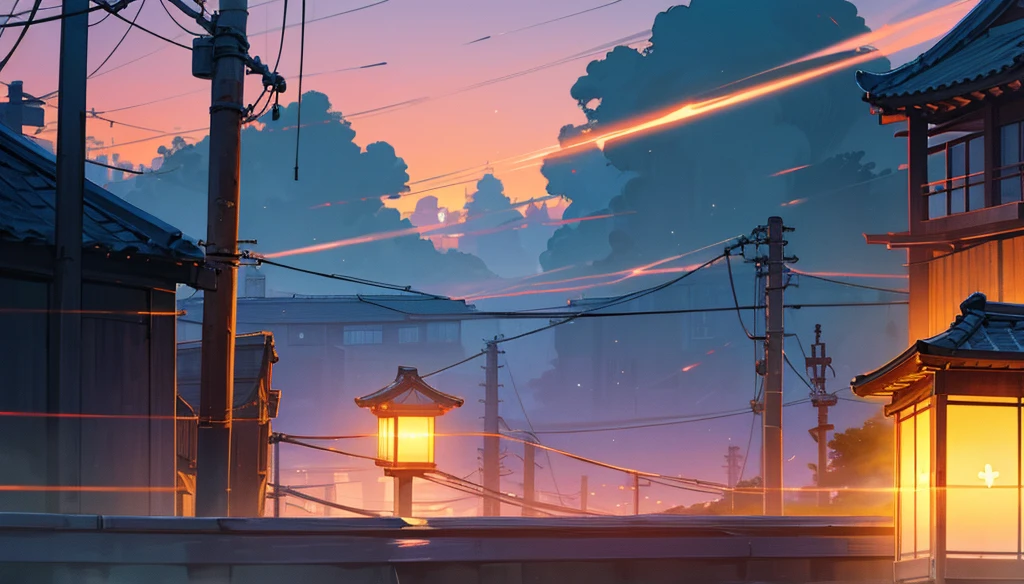 Positive Prompt: "Create a highly detailed, anime-style urban scene of a Japanese neighborhood at twilight. The sky should have shades of deep blue and purple with visible stars, while the buildings are illuminated with warm yellow and orange lights. Include traditional Japanese rooftops, narrow streets, and power lines crisscrossing the scene. Add neon signs in Japanese and soft glows from indoor lighting to evoke a cozy, nostalgic atmosphere. Ensure the overall lighting has a mix of natural and artificial hues to capture the serenity of early evening."

