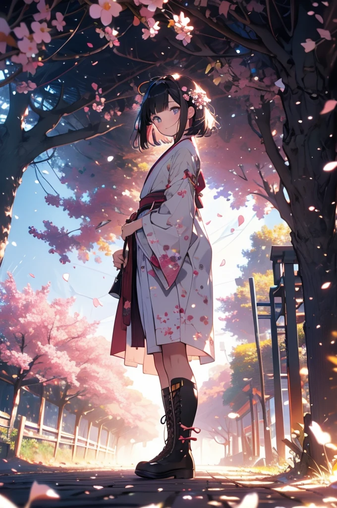 sfw,最高masterpiece,Best Quality,  Hi-Res, OFFICIAL ART, Advertising Photos,masterpiece,(1 person:2.0),  Neutral Male ,Dress neatly,(7 heads), Black Hair ,( short bob cut hair), flat chest,(Cherry blossom pattern furuncle ),(Purple Hakama, beautiful gradation hakama),Maxi length hakama , obi shaped like a flower,pink belt , brown lace up boots,Cherry blossom trees,standing,smile, soft writing,Hair accessories