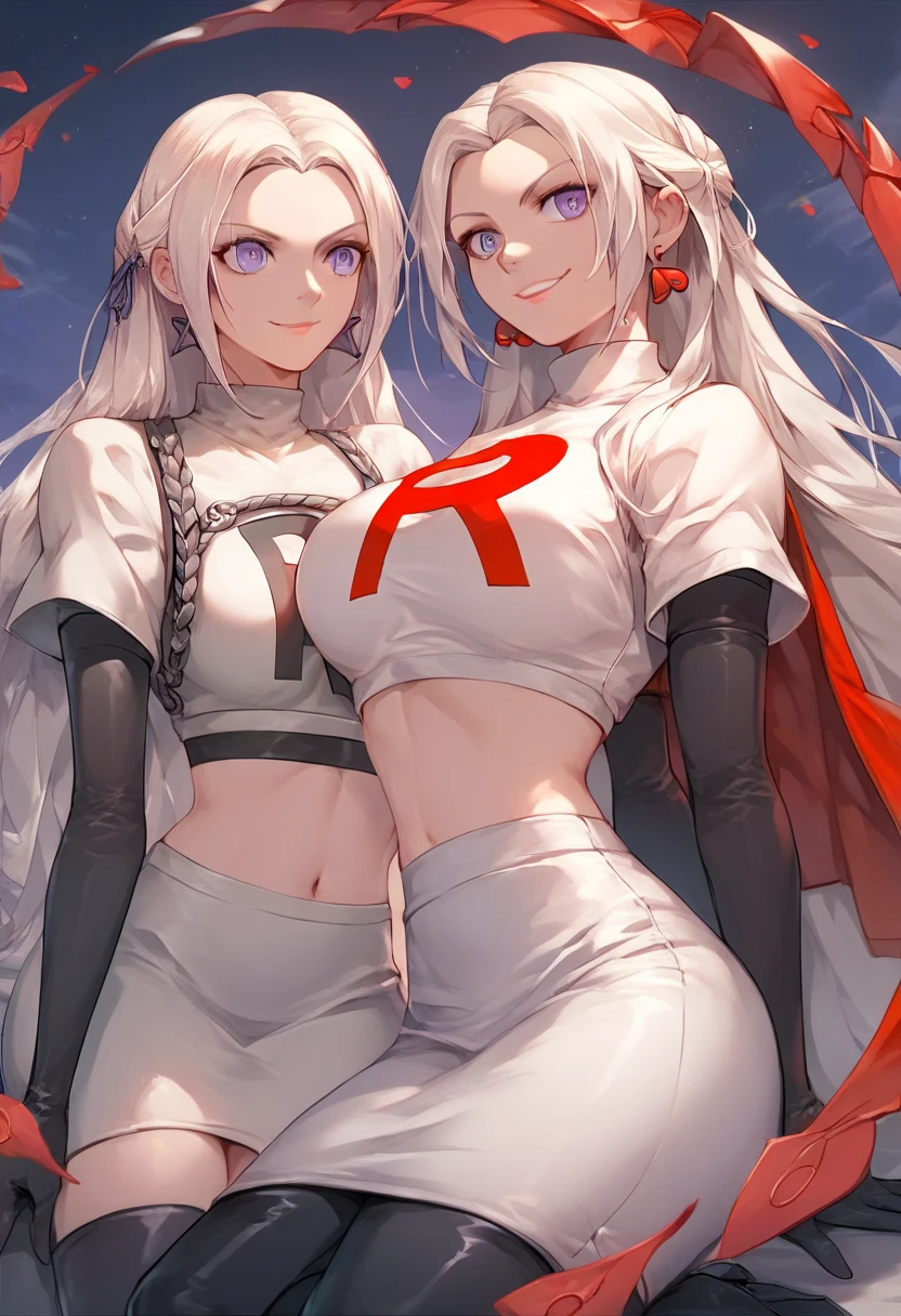 Team rocket, team rocket uniform, red letter R, white skirt,white crop top,black thigh-high boots, black elbow gloves, evil smile, night sky background, earrings, large breasts, high-heeled boots, Edelgard, white hair, purple eyes