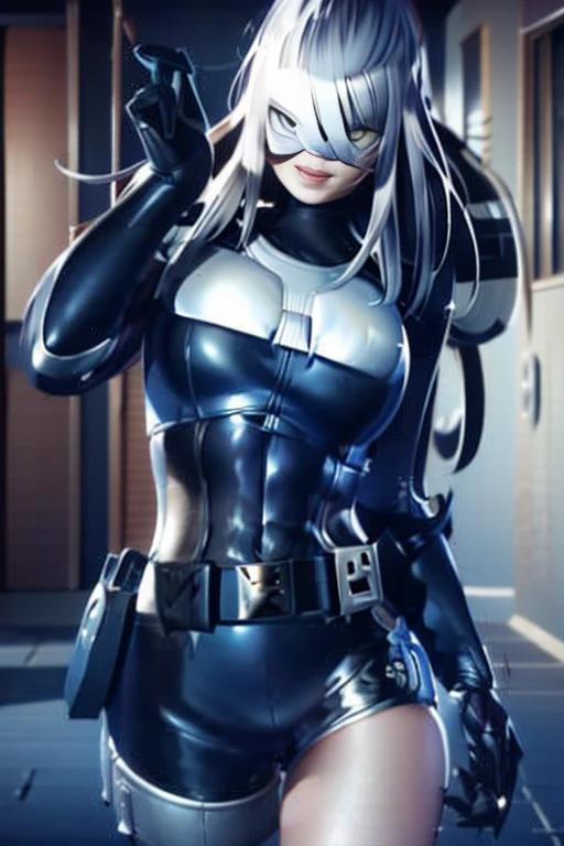 ( Best Quality ), (Black Cat), (Overall view)  Hua Gai with a cool and charming face  ,RoboCop Armor   , Robocop helmet ,     beautiful and sexy young woman , 18 years old,    Toned and muscular   ,  with a cool and handsome face  ,  sharp eye, Big Breasts