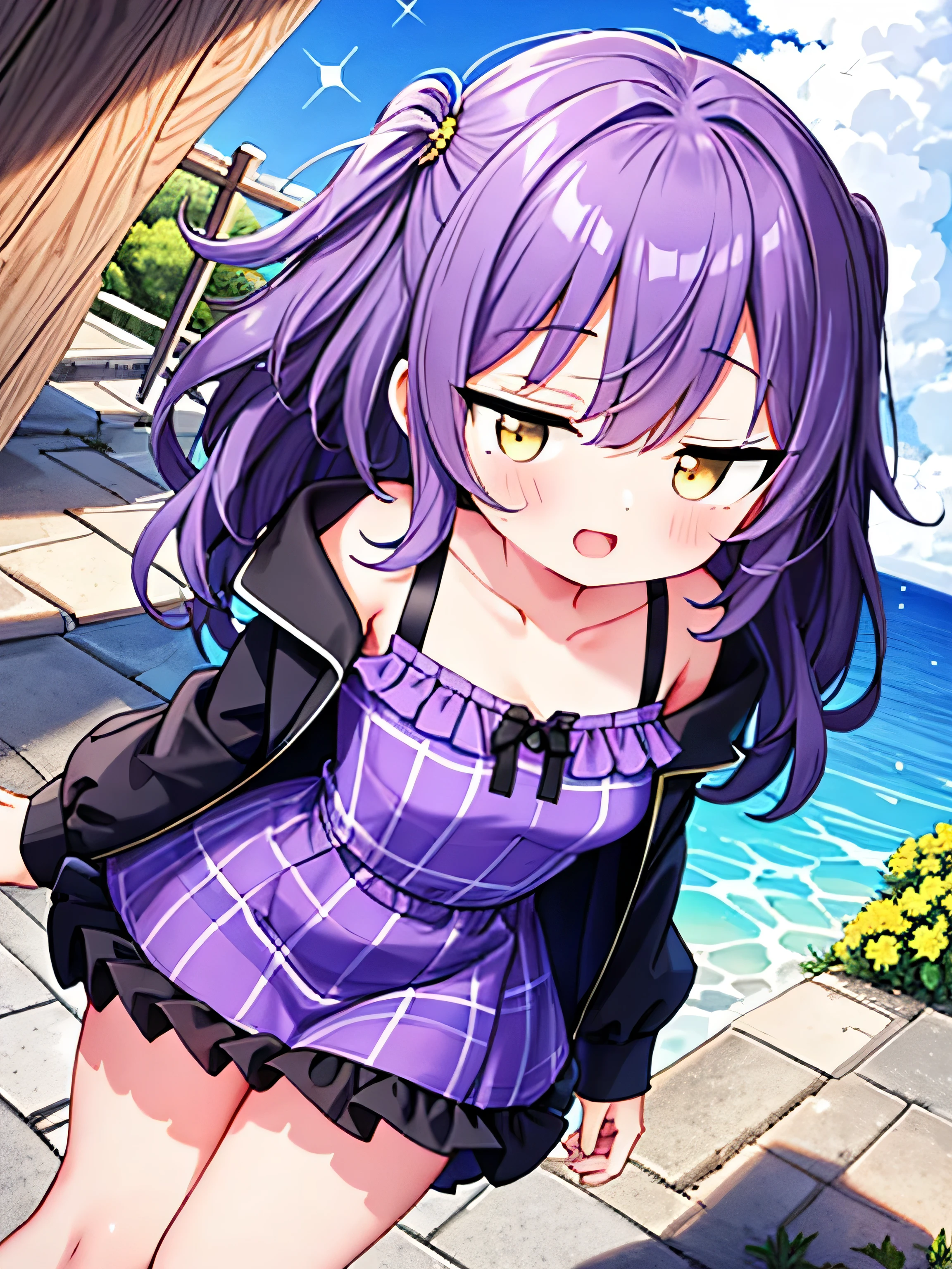 ((Ultra-high resolution)), Super detailed, highest quality, Perfect hands, Super cute, Super beautiful, (((1 girl))), ((((Very large tree eyes)))), ((Large Zito-eyed)), ((Glowing yellow eyes)), ((Cheek swelling)), Chubby face, ((((Light purple messy hair)))), (((((Medium short wavy hair))))), Thick and short eyebrows, (((Wearing a purple checked camisole dress and a black duffle coat))), ((Staring intently at someone with upturned eyes)), (Bring your face closer), ((introverted personality)), ((((Thighs!!!!!!)))), (((Thick legs))), ((Emphasis calf)), upset, Screaming in embarrassment, Open your mouth wide, Bright sunlight, Walking on the sidewalk, Tokyo, Cityscape, (((Medium large breasts))), Top-down view
