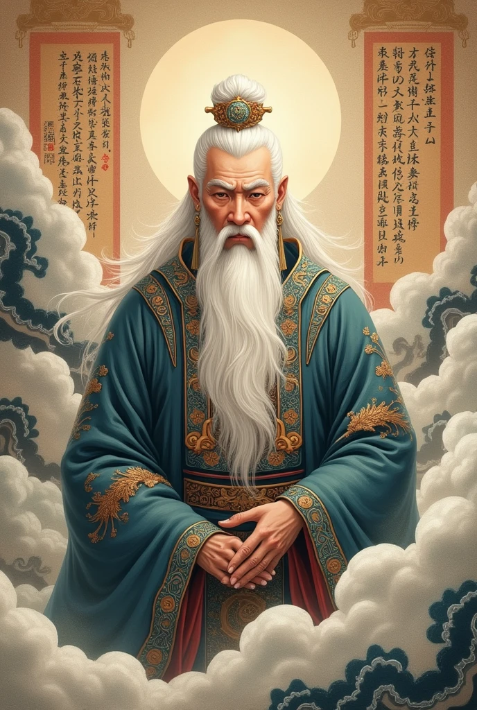 A close-up of a painting of a man with a beard and a beardless face, inspired by Li Gonglin, inspired by Dong Yuan, Inspired by Hu Zaobin, inspired by Wu Bin, the god emperor of mankind, inspired by Li Kan, inspired by Huang Ding, Inspired by Huang Shen, inspired by Zhang Wo, inspired by Li Cheng