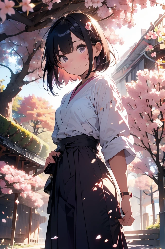 sfw,最高masterpiece,Best Quality,  Hi-Res, OFFICIAL ART, Advertising Photos,masterpiece,(1 person:2.0),  Neutral Male ,Dress neatly,(7 heads), Black Hair ,( short bob cut hair), flat chest,(Cherry blossom pattern furuncle ),(Purple Hakama, beautiful gradation hakama),Maxi length hakama , obi shaped like a flower,pink belt ,Cherry blossom trees,standing,smile, soft writing,Hair accessories