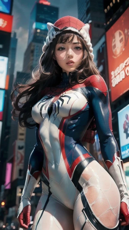 (masterpiece, 4K resolution, Ultra-realistic,  several people having fun with each other while having very detailed ), ( white costume superhero theme, Charisma, 1 woman, Japanese actress Ishihara Satomi,  Times Square in New York,  Spider Gwen（Spider-Gwen  Spider-Man  costume,  superheroine ), [((23 years old), ( semi-long brown hair:1.2), whole body, ( blue eyes:1.2), ( Spider-Man &#39; Dynamic Pose ) ((insufficient々New urban environment):0.8)| (cityscape, At night,  Dynamic Light ), (full moon))], Breasts so big that they stick out of my body ,  tight waist with abs , Big round butt ,  erect bink nipples ,  Beautiful Pink Pussy ,  has a beautiful well-balanced body line,  high angle,  full shot ,  I'm wearing a costume from the neck down, An ultra-thin costume that shows the shape of nipples, boobs, and pussy, コスチュームの胸には Spider-Man と同じ蜘蛛のマークがある, She is posing to show off her big breasts , 彼女whole bodyを正面から照らす自然光, 彼女のwhole bodyのポートレート,   focus from chest to face , Beautiful smile, Anatomically correct , 