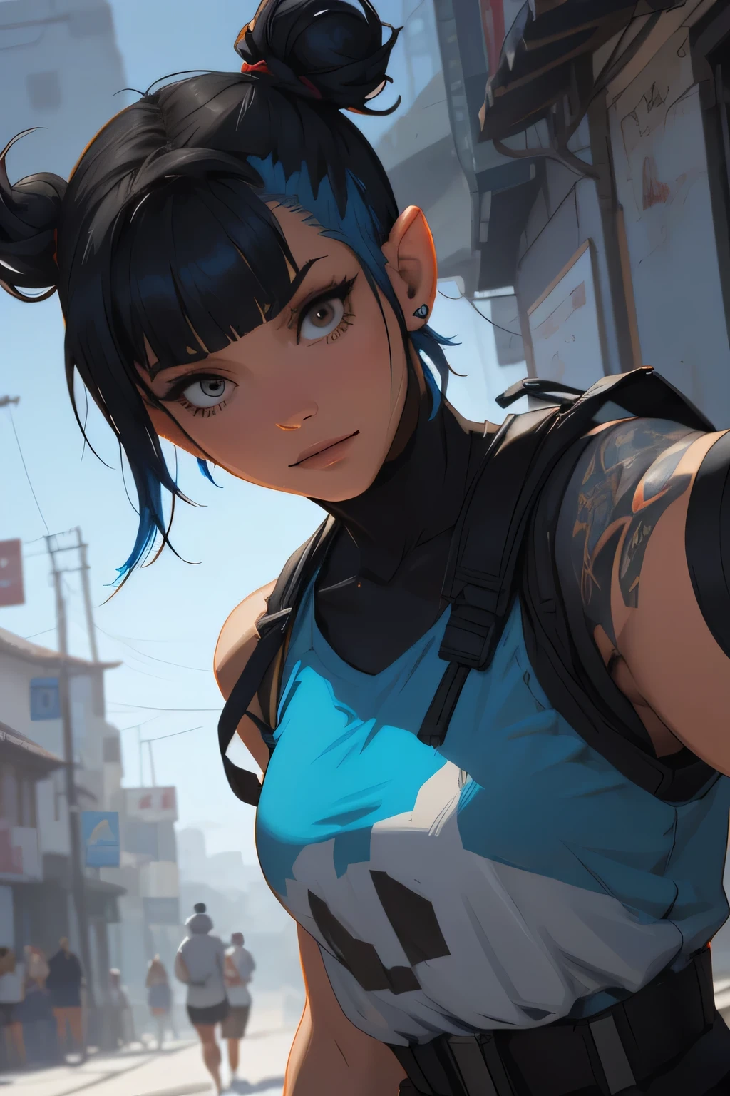 there is a woman with blue hair taking a selfie, short blue hair, with blue hair, blue short hair, short blue hair!!!, messy blue hair, halfbody headshot, blue hairs, blue hair, short blue haired woman, chloe price, sky blue highlights in hair, cyberpunk dyed haircut, flowing blue hair, brown hair with light blue ends, blue and black, LAUFEN, SHORT HAIR, DOUBLE BUN, BLUNT BANGS, Laofen, brown hair, double bun, brown eyes, hair_ornament, 