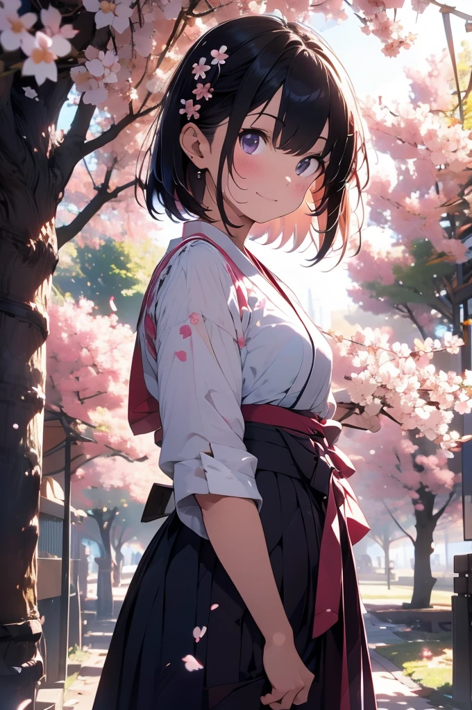 sfw,最高masterpiece,Best Quality,  Hi-Res, OFFICIAL ART, Advertising Photos,masterpiece,(1 person:2.0),  Neutral Male ,Dress neatly,(7 heads), Black Hair ,( short bob cut hair), flat chest,(Cherry blossom pattern furuncle ),(Purple Hakama, beautiful gradation hakama),Maxi length hakama , obi shaped like a flower,pink belt ,Cherry blossom trees,standing,smile, soft writing,Hair accessories