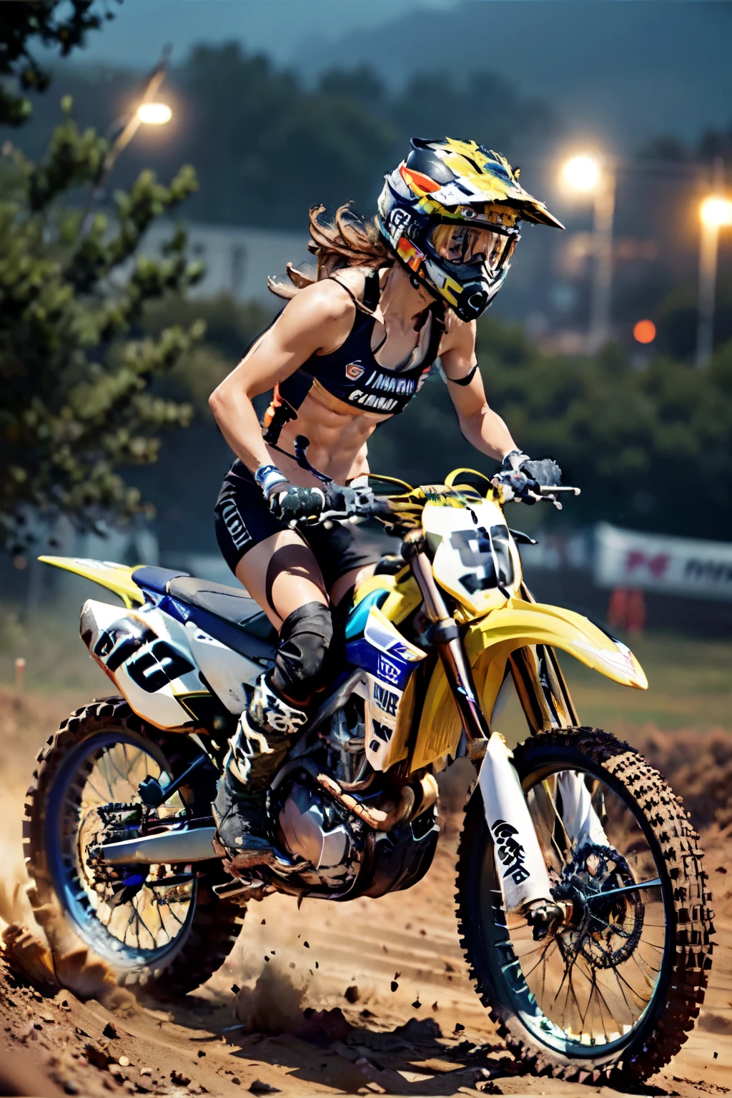 Yamaha WR250, motocross race, cute female racer, brown skin, abs , night riding,Motocross Wear , Motocross Boots , Roll Up the Dust and Run