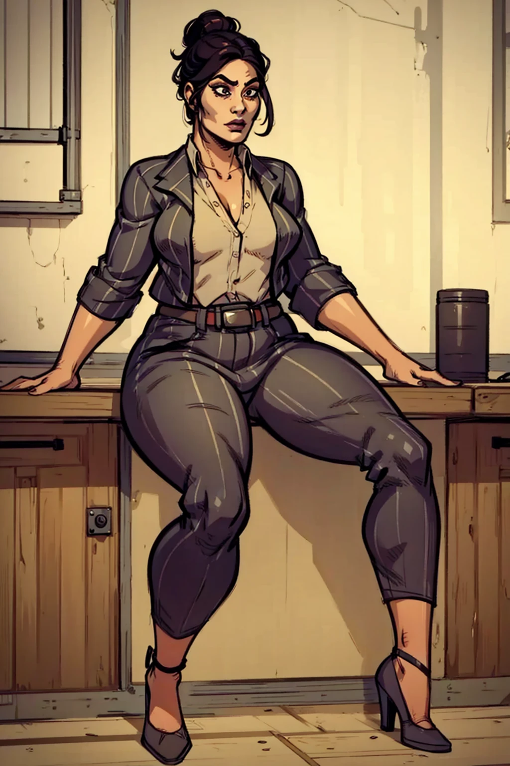 fone, (((full body view))), (((sitting crossed legs in a café))), anime style, 1woman, (((dark skin))), blonde hair, blue eyes, light lipstick, dark blue skintight tank outfit, military, fingerless gloves, muscular, 8k, 16k, trending on pixiv, fanbox, skeb, masterpiece, detailed face, digital painting, <lora:fone:0.7>