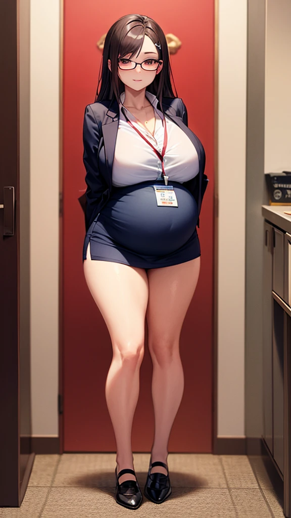 ((masterpiece, best)),(1girl),((mature woman)),light pink colored hair,big-areola,horn,((office lady)),By bangs,Bigchest,(full),slim,ssmile,[Wide buttock]，office room，standing on your feet，aru \（bluearchive\），Pregnant belly