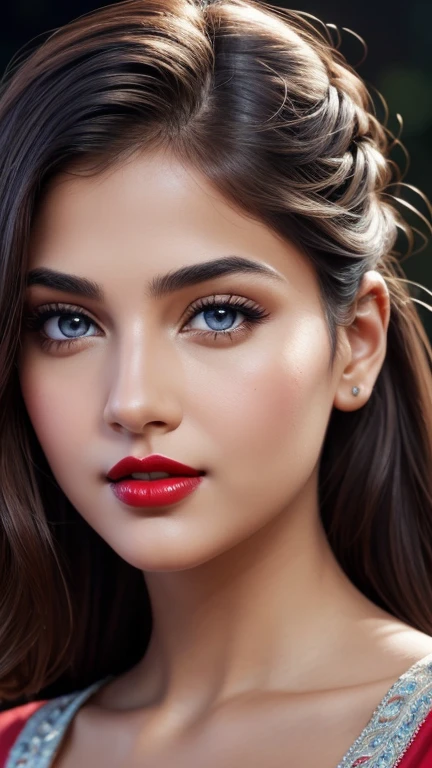 full naked,big boobs, night bokeh effect background, perfect pink eyes, fantastic face, Indian, beautiful look, ((red lips, bright eyes, curve heir 1.5)), ((beautiful details body)), A glorious gorgeous, glorious gorgeous face, pretty face, bright eyes, detailed elegant printed shirt, updo elegant hair, blurred gray tones background, ultra focus, face ilumined, face detailed, 8k resolution, painted, dry brush, brush strokes,