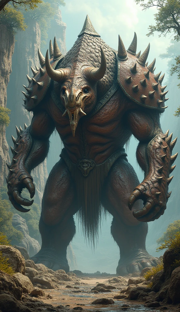 A tall and muscular humanoid creature with the features of a water buffalo, standing confidently in the middle of a mysterious forest. His thick, dark fur blends with the shadows of the dense, foggy woods. His face is strong and imposing, with large, curved horns that add to his intimidating appearance. Heavy, rusted iron chains wrap around his torso, clinking as he moves, and his hands are adorned with old, rusty iron chain bracelets. The atmosphere around him is eerie, with twisted trees and mist swirling at his feet, giving the sense of a dark and enchanted forest. The light is dim, filtered through the dense canopy above, casting haunting shadows that seem to move with him.