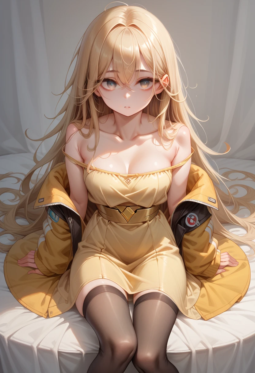 lifelike, High resolution, 1 girl, smooth face, above waist, origin, long hair, loose hair, delicate eyes, off shoulder jacket, golden dress, black stockings, sitting,