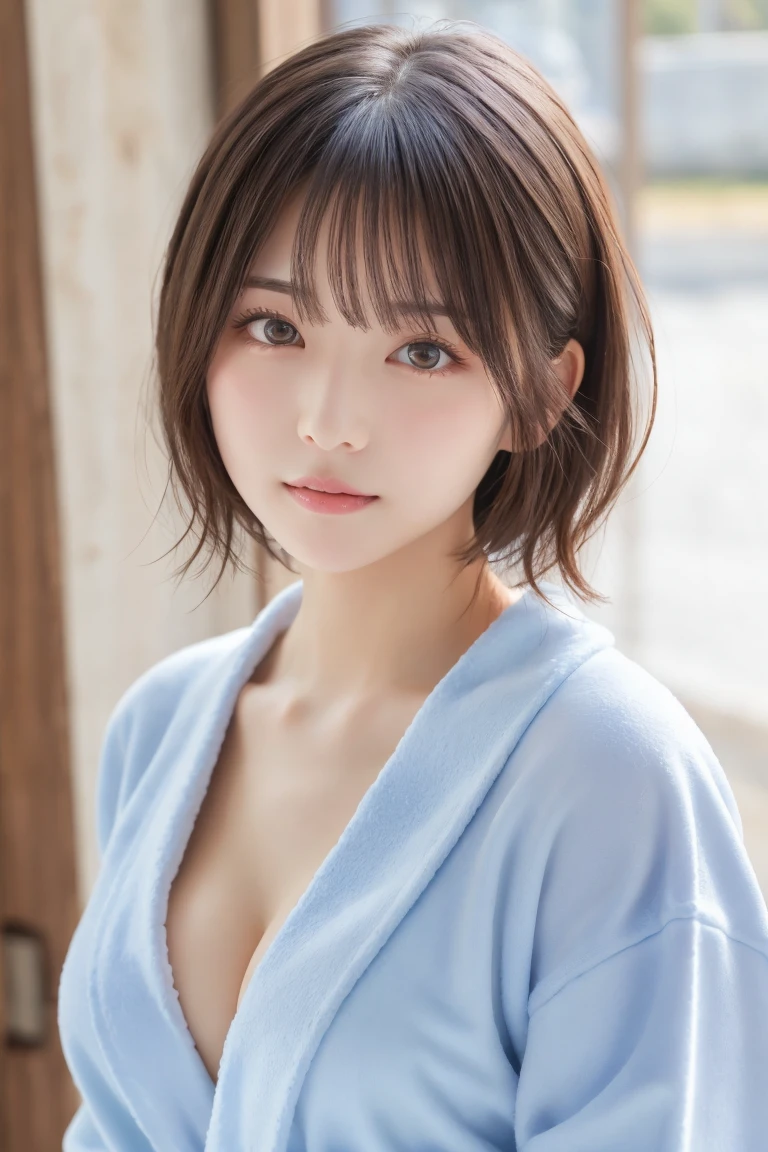 masterpiece, Best Quality,  one woman, ( Light Blue Bathrobe:1.2)、(RAW 写真Best Quality), (reality, reality的:1.4),  sexy、iris、 very detailed eyes and face ,  beautiful and detailed nose, beautiful eyes,  perfect anatomy、 short hair、 cleavage、 shiny skin、 blushes her cheeks、Serious face、 open my lips、 bed、Rear Light 