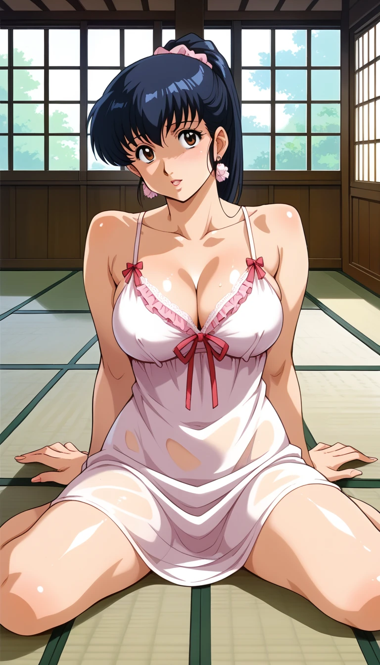 score_9, score_8_up, score_7_up, source_anime, (rating_safe:1.2), high resolution, intricate details, 1980s \(style\), solo, 1girl, kyoko otonashi, a Japanese mature woman, sitting on a floor, open legs, (soaked chemise), large breasts, brown eyes, black hair, ponytail hair, hair scrunchie, earrings, jewelry, (lewdlook:1.2), shiny skin, looking at viewer, indoors, maison ikkoku, old Japanese apartment, open windows, hot summer day, 