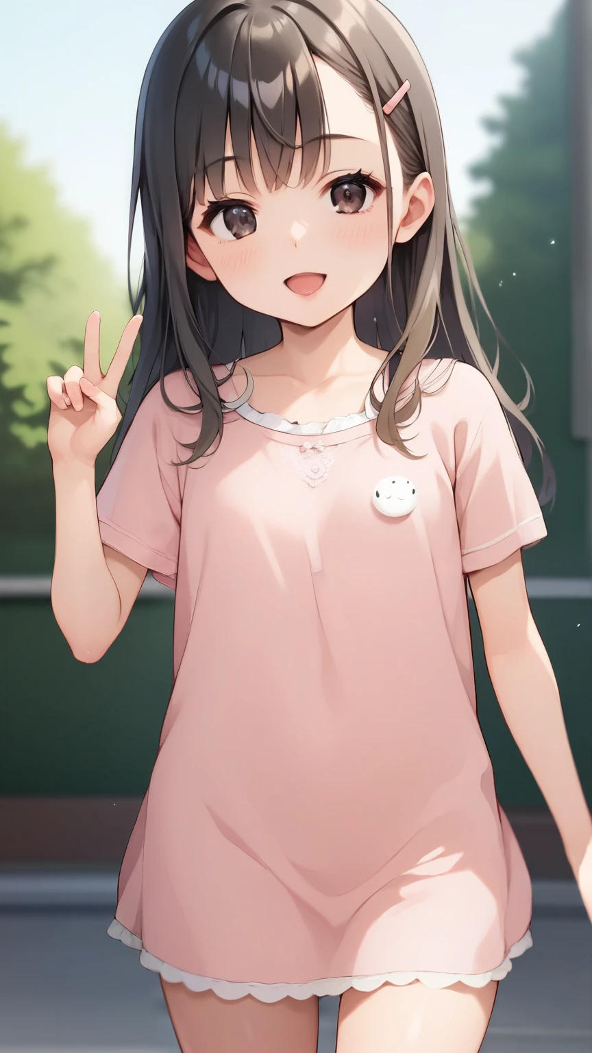  score_9,   score_8_up,   score_7_up,   score_6_up, Anime BREAK，nsfw，(Detailed Biography   :1.2)，  Fisheye Lens  ， very young cute girl ， short stature  ， toddler figure ， flat chest，  thin thighs， debut tante wearing a short-sleeved party dress, Cover your neck,  is round and pink , long, Straight black hair,  dark eyes that are slightly raised ,  her skin is light brown and faces the front , Her whole body is adorable ， with a playful gesture ，
