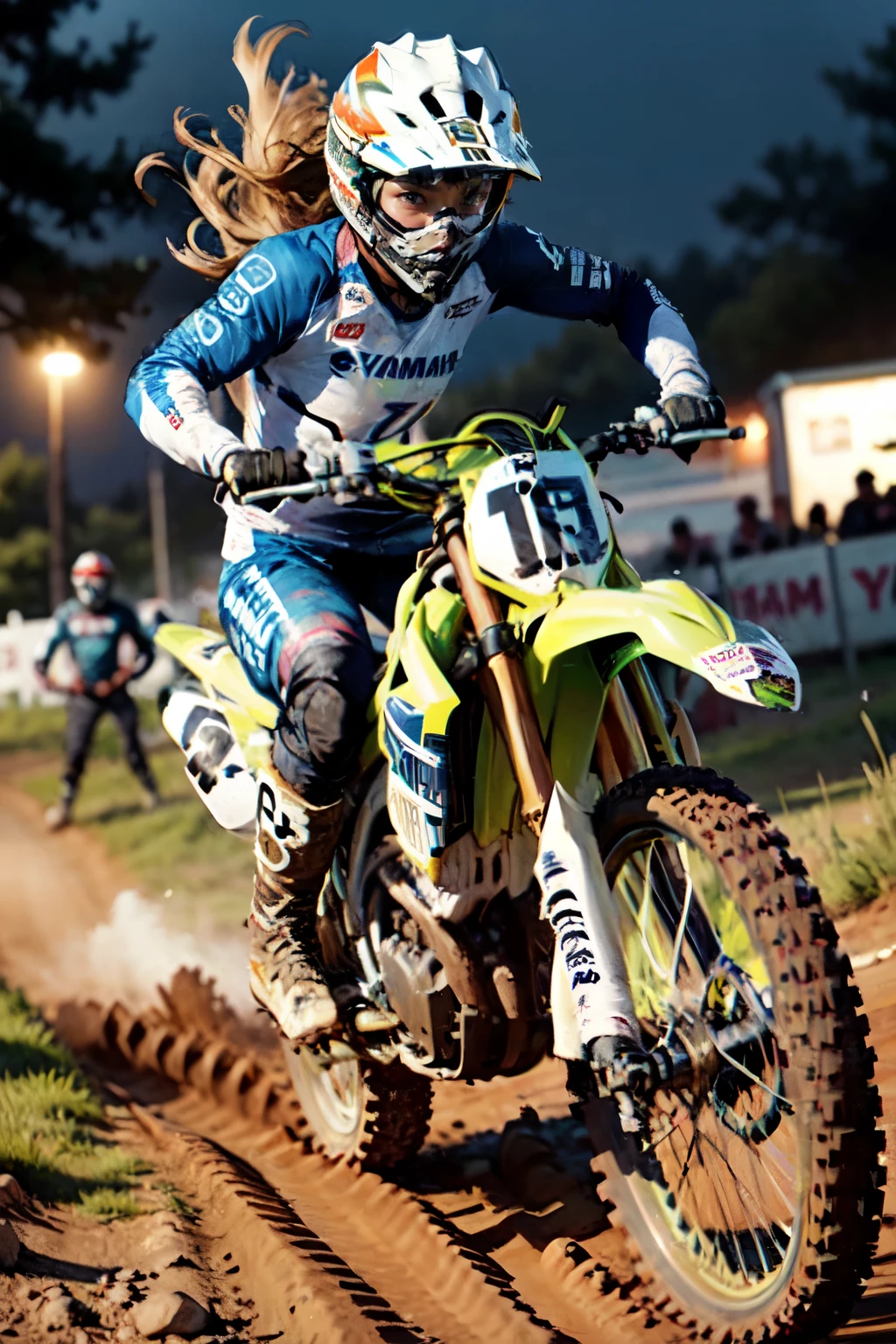 Yamaha WR250, motocross race, cute girl , brown skin, abs , night riding,Motocross Wear , Motocross Boots , Roll Up the Dust and Run,aggressive cornering