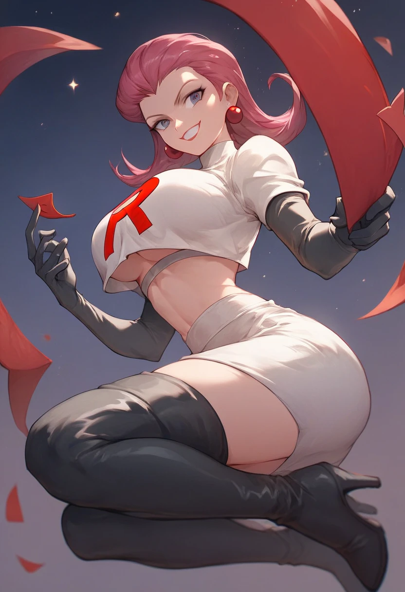 Team rocket, team rocket uniform, red letter R, white skirt,white crop top,black thigh-high boots, black elbow gloves, evil smile, night sky background, earrings, large breasts, high-heeled boots