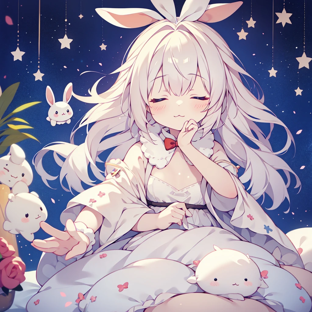  one girl , Small stuffed rabbit,  costume, albino,  close your eyes, :3, Sleeping Peace, Marshmallow Bed