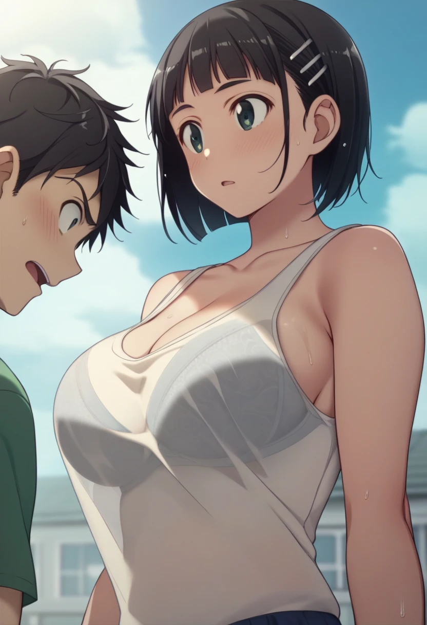 Best Quality、masterpiece、 girl１people、 short hair、Black Hair、Big Breasts、Re-suguha 、Kirihara Naoha 、 perfect body、tank top black、Bloomers、White Bra、 Sports Fields、　shirt mismatch 　Bra visible　Wet Shirt　Hold your chest with your arms　Middle-aged man　Sneaking up　Harassment　The tank top is misaligned to below the chest　 high angle　down　blouse、See-through bra　　crowd　Spectacle　少年がremoving shirt、Boy lifts her breasts　Greping for a year 、 man pulls tank top:(Shift the shirt 、 pull up the shirt 、Open up bra)　man lifts shirt 