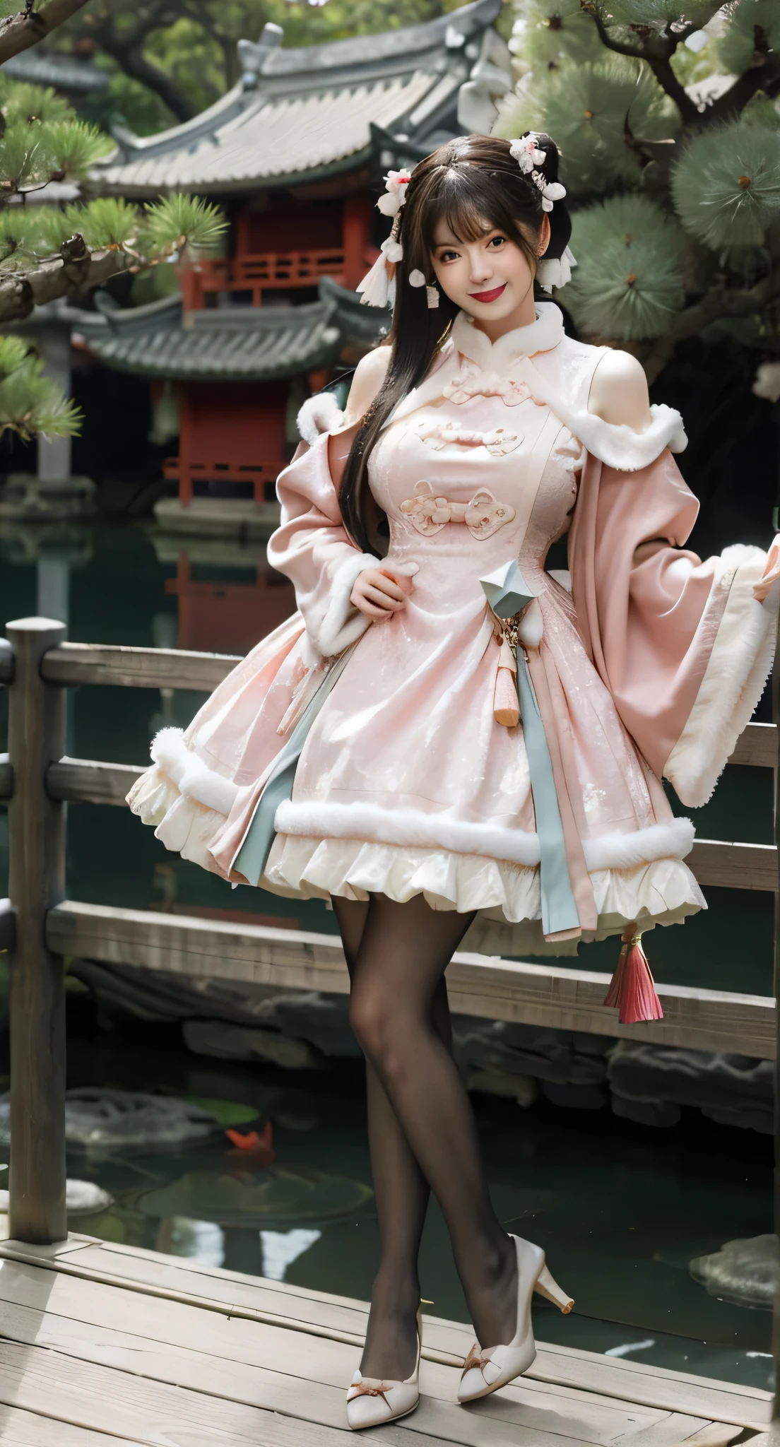 best quality, quality, masterpiece,  photorealistic,  1 girl,  Japanese, alone,  is standing,  watching viewers, smile, whole body, cns  dress,  dress, china  dress,  Pantyhose,  high heels, Chinese Garden,  detailed background , A glamorous and perfectly obscene whole body, ((( Extremely Huge Bust Size Unmeasurable Breasts)))