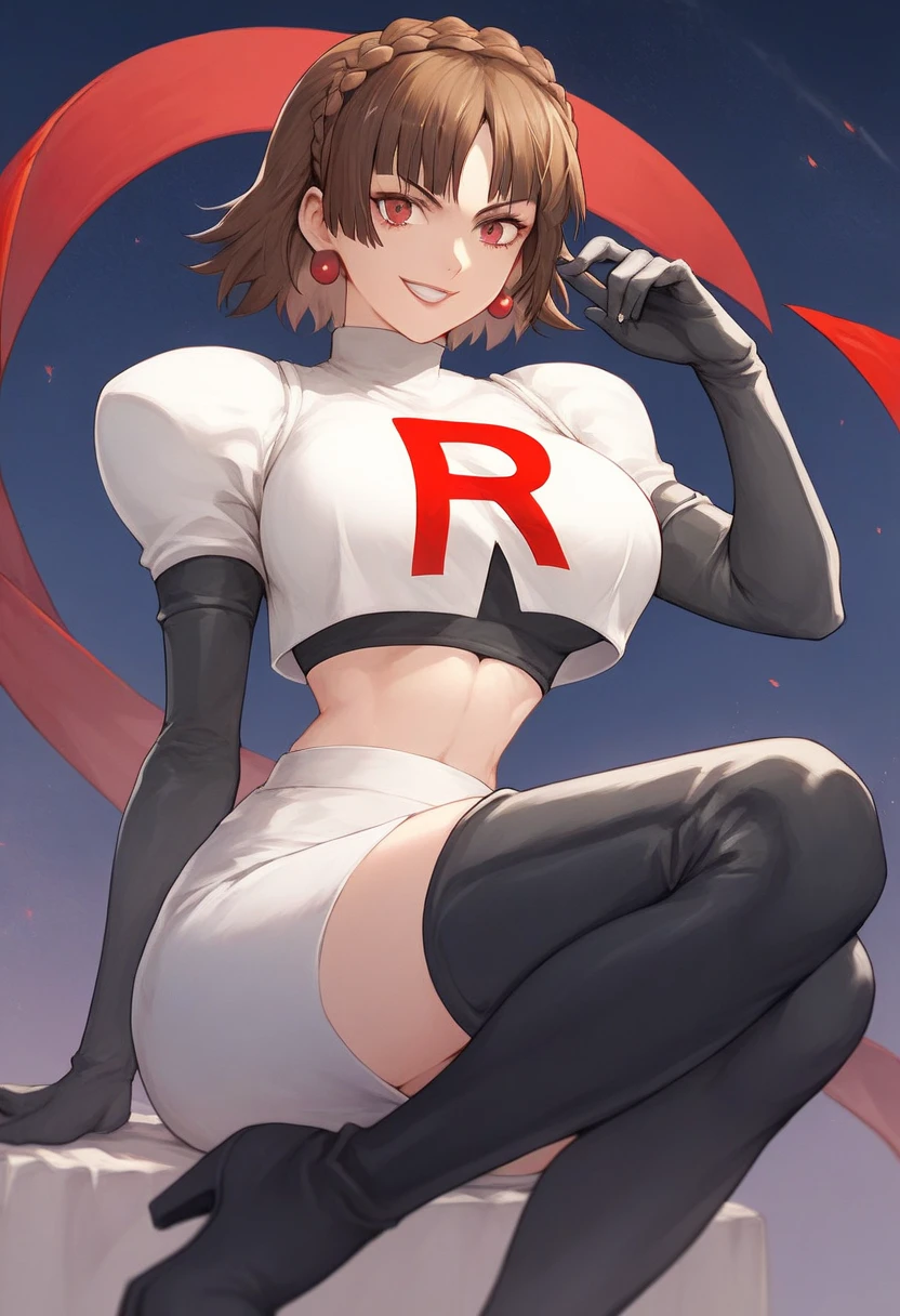 Team rocket, team rocket uniform, red letter R, white skirt,white crop top,black thigh-high boots, black elbow gloves, evil smile, night sky background, earrings, large breasts, high-heeled boots, Makoto niijima, brown hair, crown braid