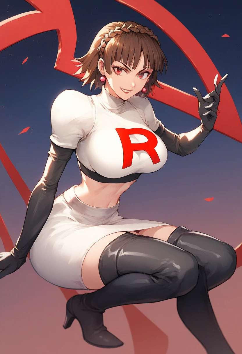 Team rocket, team rocket uniform, red letter R, white skirt,white crop top,black thigh-high boots, black elbow gloves, evil smile, night sky background, earrings, large breasts, high-heeled boots, Makoto niijima, brown hair, crown braid