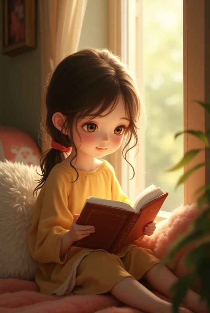 Image of a child reading a book on a sofa. There is a window behind the child, com a luz do sol entrando, illustration of children's book