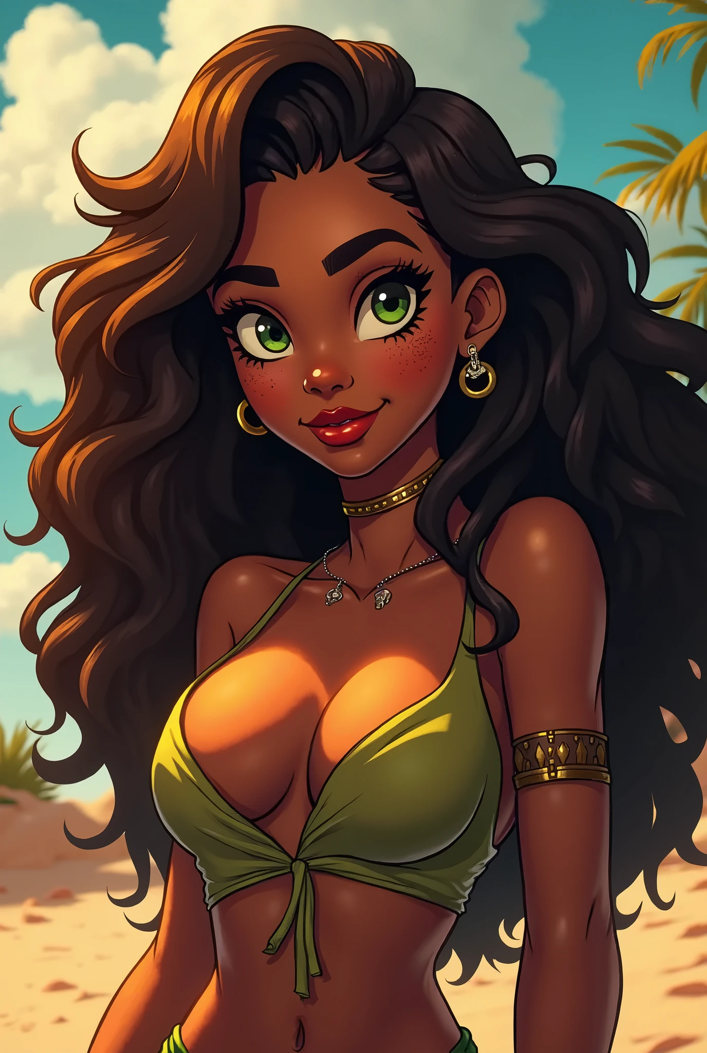Beautiful naked camgirl, dark skin, long wavy black hair, large_hanging_breasts, pouty lips, fit, elegant dress, cleavage, pov dinner date, romantic lighting, dennys restaurant