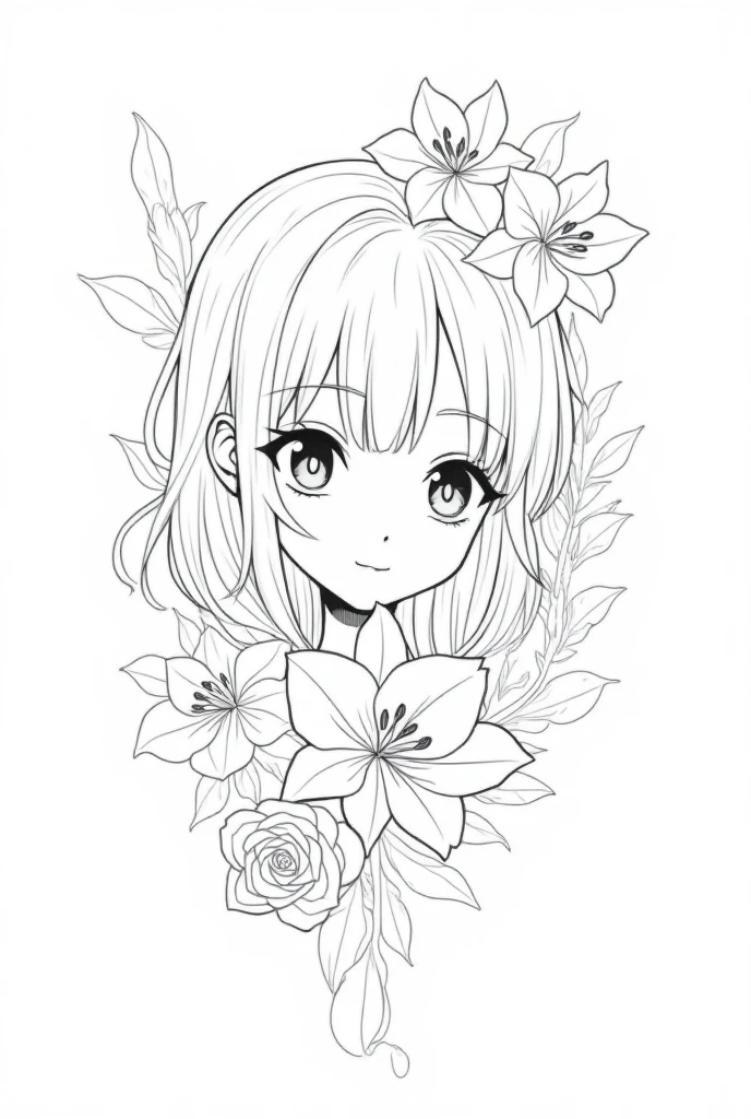 Create black and white tattoo designs combining anime characters and floral elements. The designs should have detailed line art, capturing the essence of both the characters and the flowers, without any color. Focus on a mix of anime-style faces or scenes, with flowers such as roses, cherry blossoms, or lilies. Make sure the design feels balanced and can work well as a tattoo on different body parts, neon highlights