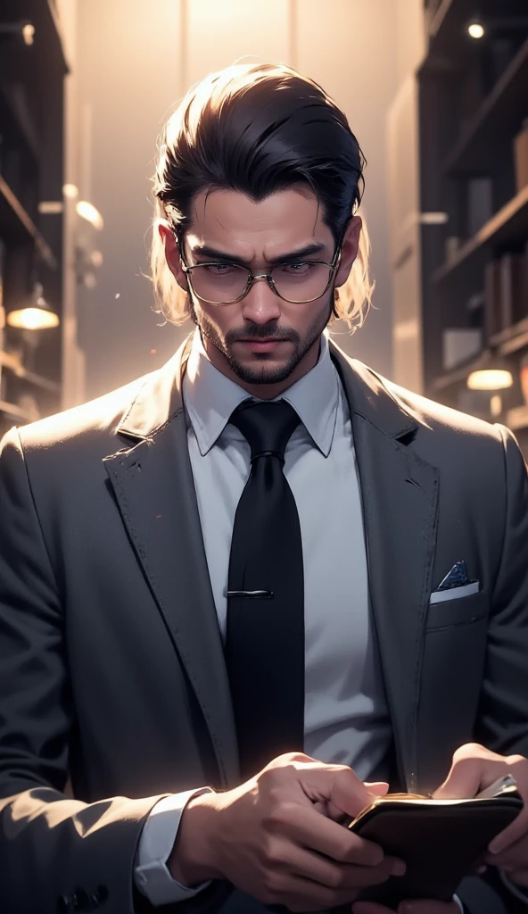 (Anime-style, tense office lighting) {a stern, boss in a gray suit and glasses, looking down at the project folder with a disapproving expression, brow furrowed, then glancing up at the man} (close-up on boss’s face). His eyes convey disappointment, creating a tense atmosphere. (Cool, muted color grading) to highlight the critical tone of the moment. (male focus, young handsome man)
 full body, handsome man