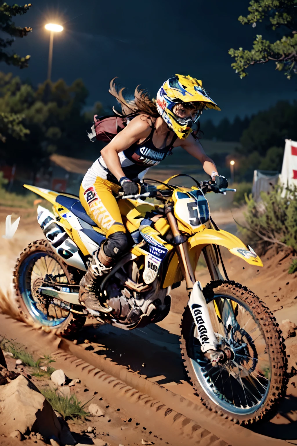 Yamaha WR250, motocross race, cute girl , brown skin, abs , night riding,Motocross Wear , Motocross Boots , Roll Up the Dust and Run,Aggressive posture