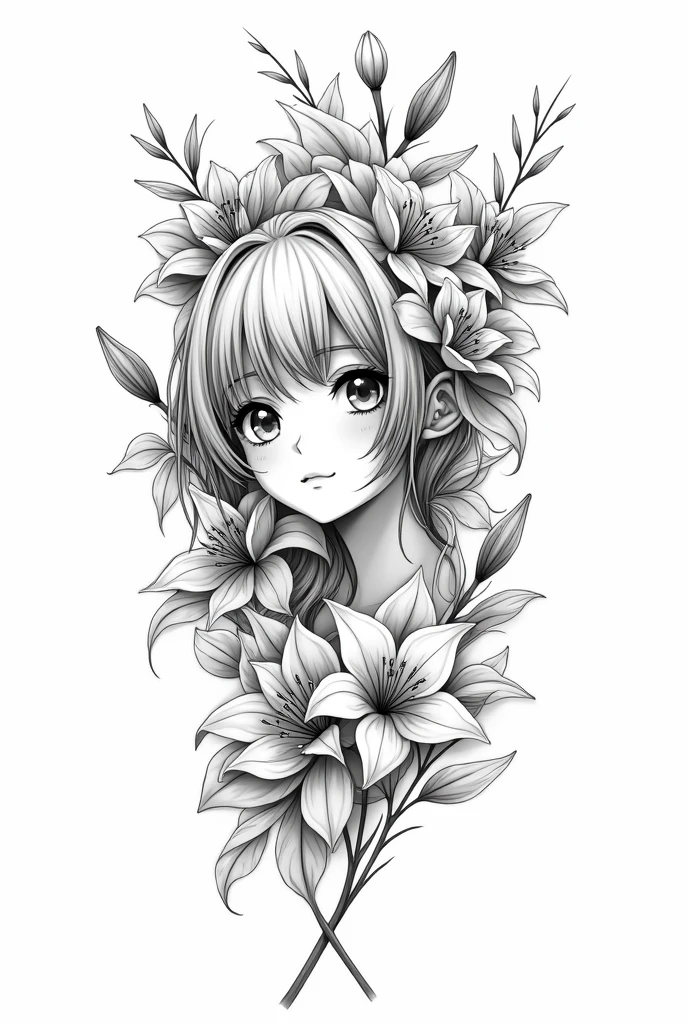 Create black and white tattoo designs combining anime characters and floral elements. The designs should have detailed line art, capturing the essence of both the characters and the flowers, without any color. Focus on a mix of anime-style faces or scenes, with flowers such as roses, cherry blossoms, or lilies. Make sure the design feels balanced and can work well as a tattoo on different body parts, neon highlights