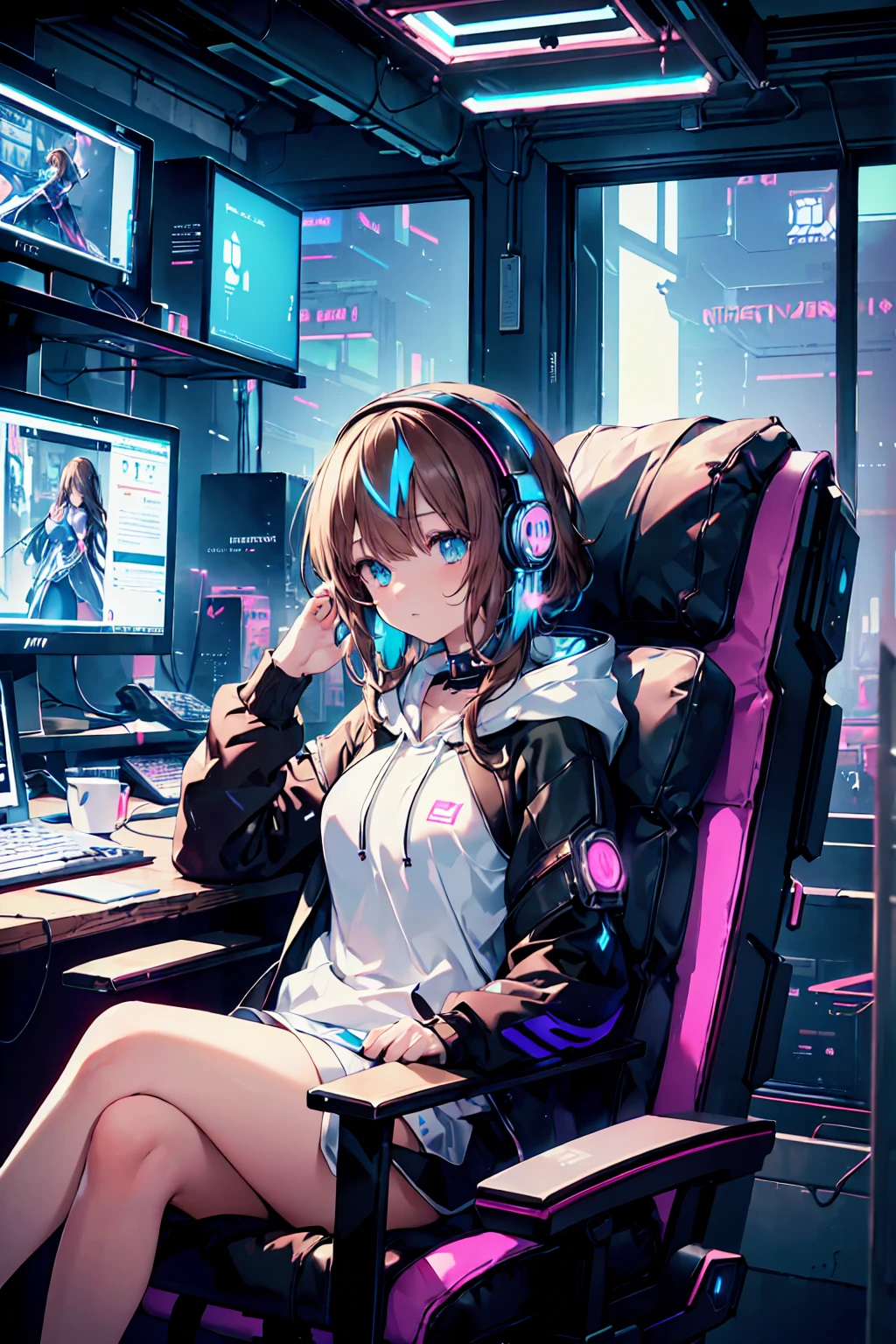 anime girl, sitting alone at the table, Lost in the world of music, anime style 4k, lofi girl, anime art wallpaper, cute girl anime visual, 4k anime wallpaper, anime wallpaper 4k, anime wallpaper 4k, Hyper-realistic anime art wallpaper 8k, An immersive anime atmosphere, lofi art style, headphones that cover the ears, Nightcore pulsating in the background, Soft glow of the anime art wallpaper illuminating the room, Detailed shadows and vivid colors, Bring anime scenes to life.