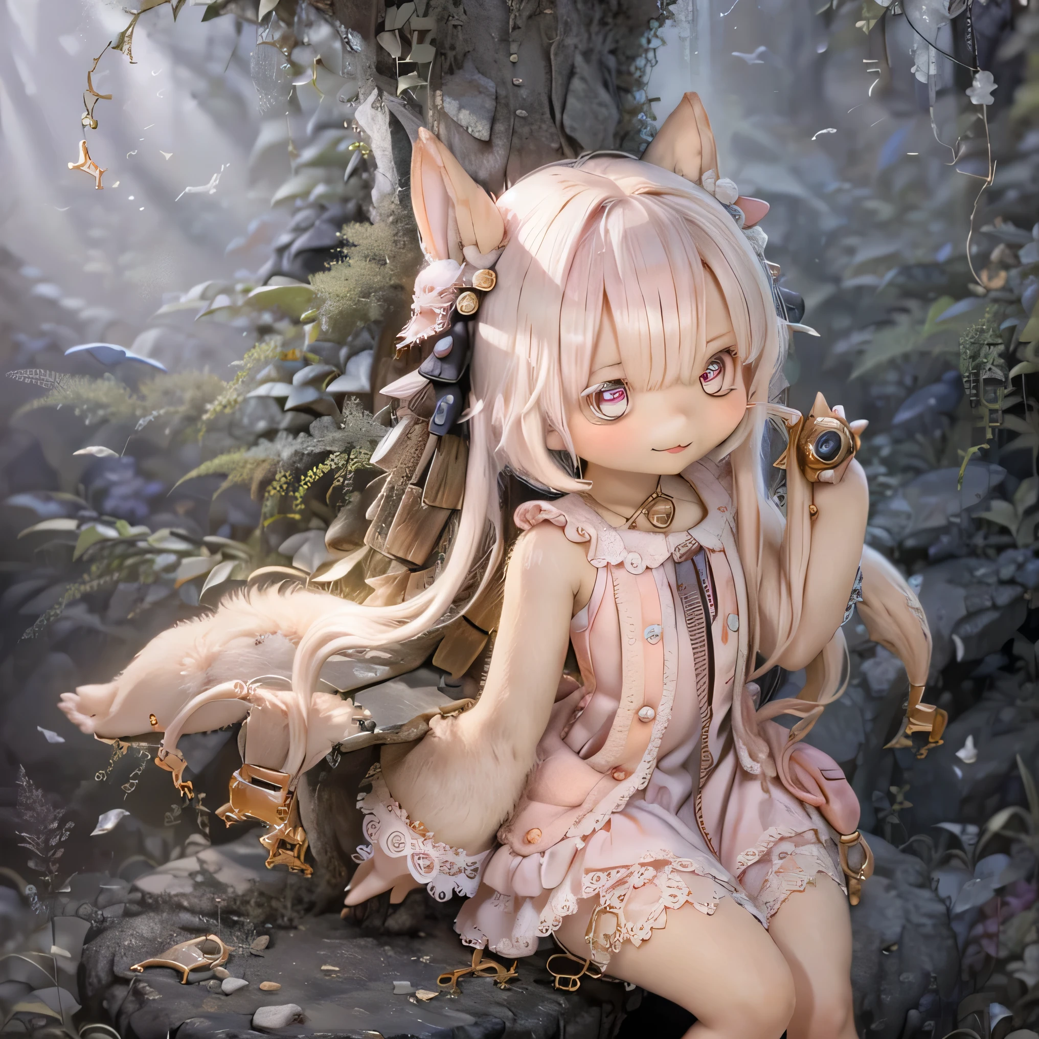 In the garden, smile, Similar to Chi from Made in Abyss.   forest setting  , Beautiful eyes and lips.  (((chibi style,))) . The image quality is excellent, Highly detailed and realistic features. The medium of this work is、  Combines illustrations with photorealistic rendering.. The colors are vivid、   lights create a warm and bright atmosphere   。 whole body(((((  cute pink dress  )))))Contrasting cute poses