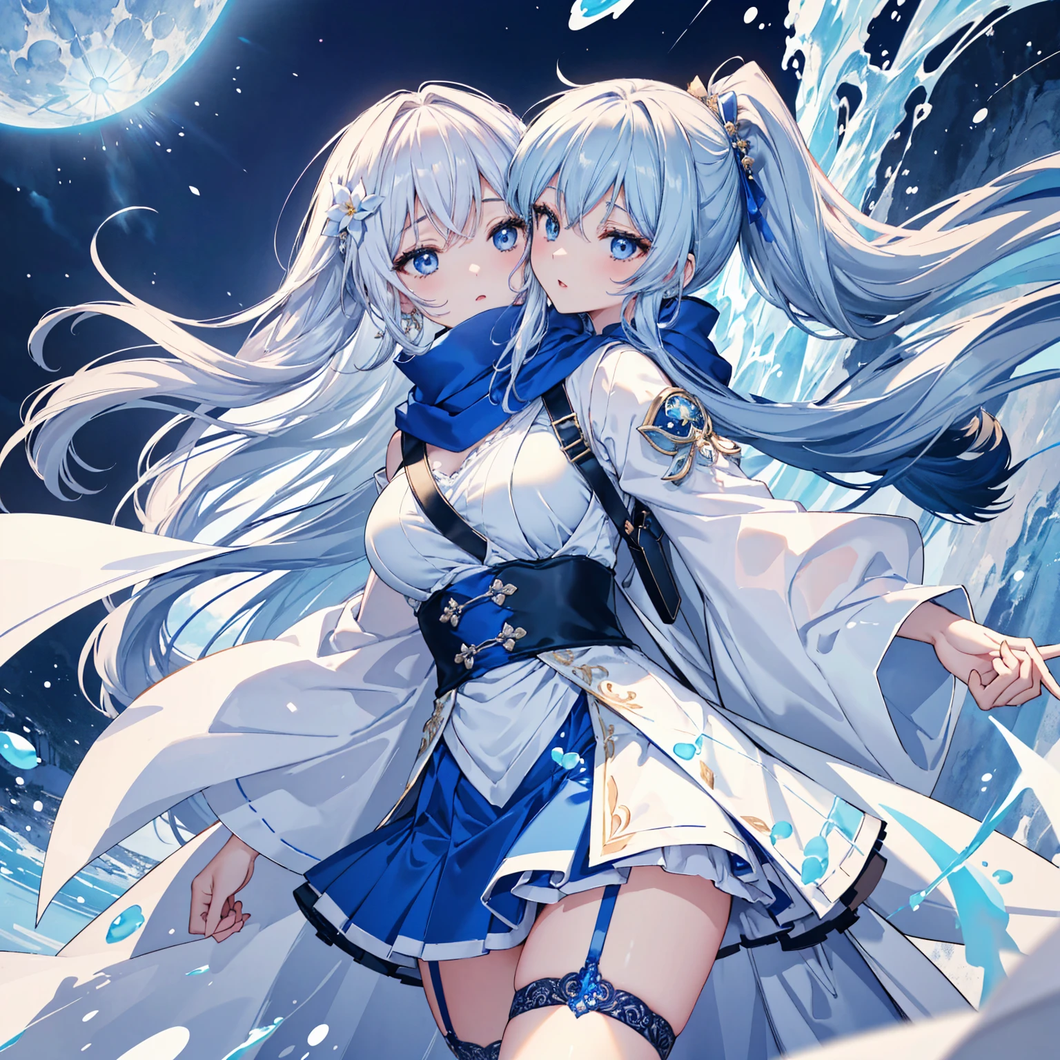 The background is an amusement park、Crystal clear light blue hair、Her hair is gradated and white from the hairline to the middle.、Hair length is up to the knees、A shiny, light blue sailor suit、The hair ornament is glittering gold.、Silver hair ornament、She has big breasts、Adult face、