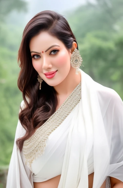 a photo of a woman, stylish, outdoor professional portrait, head-shot, slight smile, cute, monsoon wether,munmun,full body, white saree, big ass, big breast,bent over, bikini. 