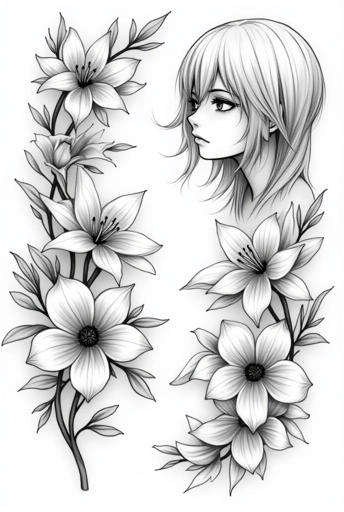 Create black and white tattoo designs combining anime characters and floral elements. The designs should have detailed line art, capturing the essence of both the characters and the flowers, without any color. Focus on a mix of anime-style faces or scenes, with flowers such as roses, cherry blossoms, or lilies. Make sure the design feels balanced and can work well as a tattoo on different body parts, neon highlights