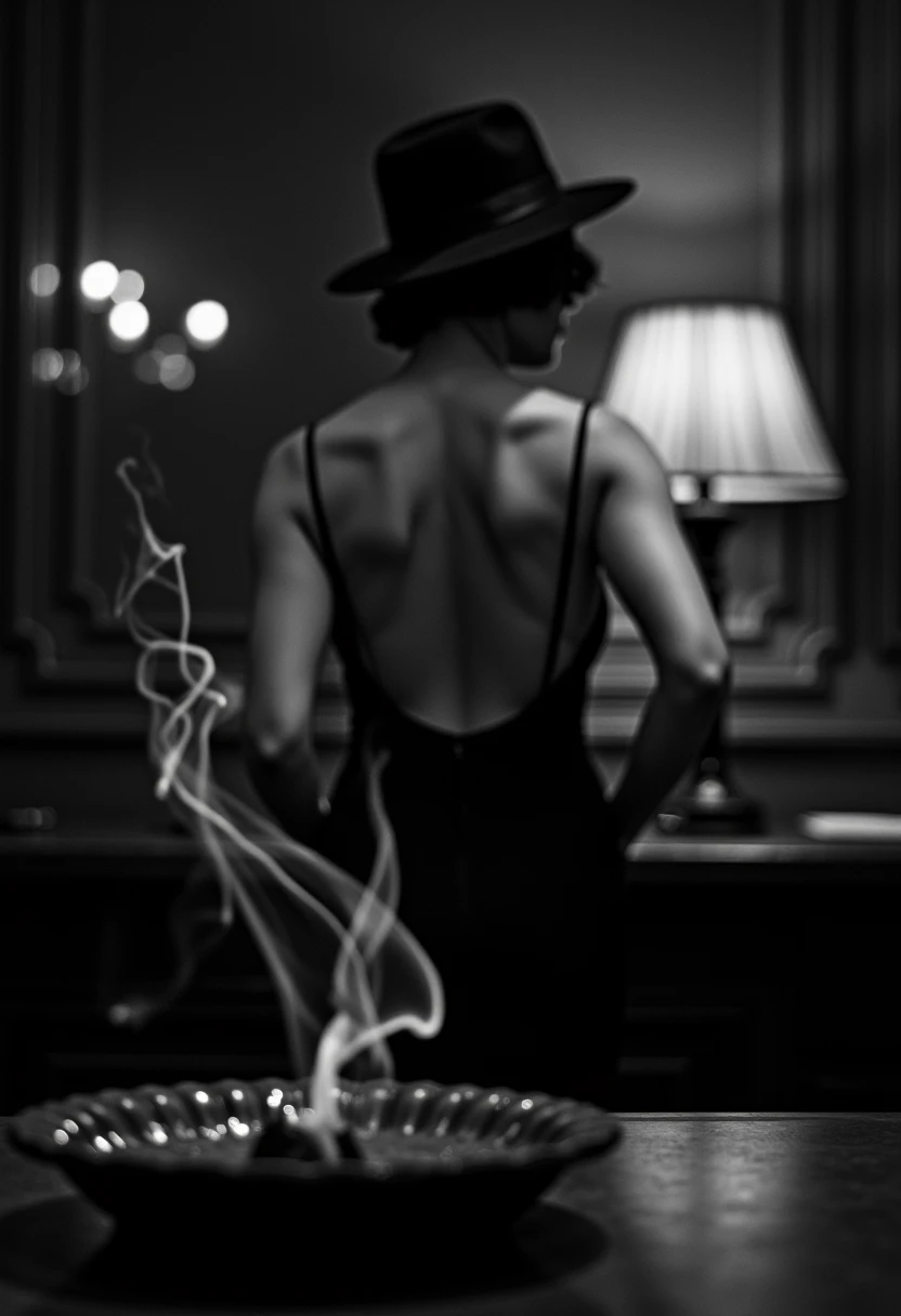 ((masterpiece)) ((photography)) ((Highest quality)) A black and white movie style image shot over the shoulder from behind an elegant woman wearing a backless dress and a fashionable tilted black hat. She stands at the desk of a 1940s-style private detective reminiscent of Philip Marlowe. The perspective is from behind the woman, capturing the mysterious tension. A cigarette smolders in an ashtray on his desk, with smoke swirling upward, adding to the gritty atmosphere of the scene.