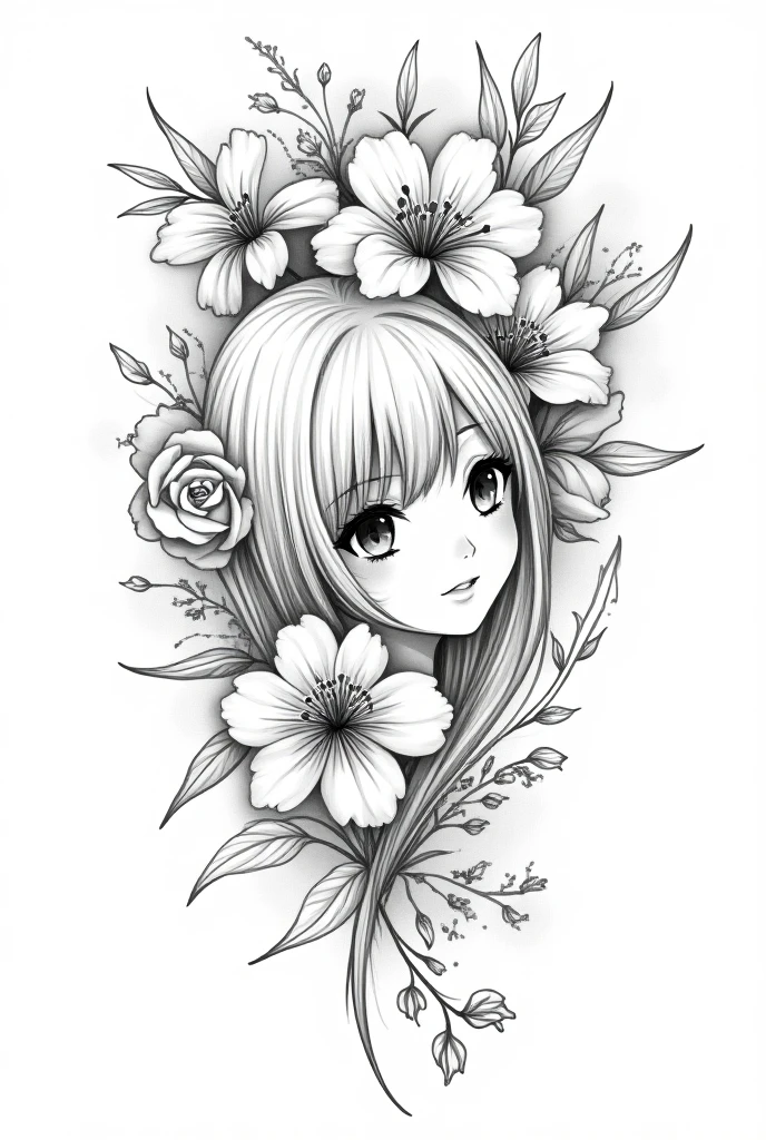 Create black and white tattoo designs combining anime characters and floral elements. The designs should have detailed line art, capturing the essence of both the characters and the flowers, without any color. Focus on a mix of anime-style faces or scenes, with flowers such as roses, cherry blossoms, or lilies. Make sure the design feels balanced and can work well as a tattoo on different body parts, neon highlights