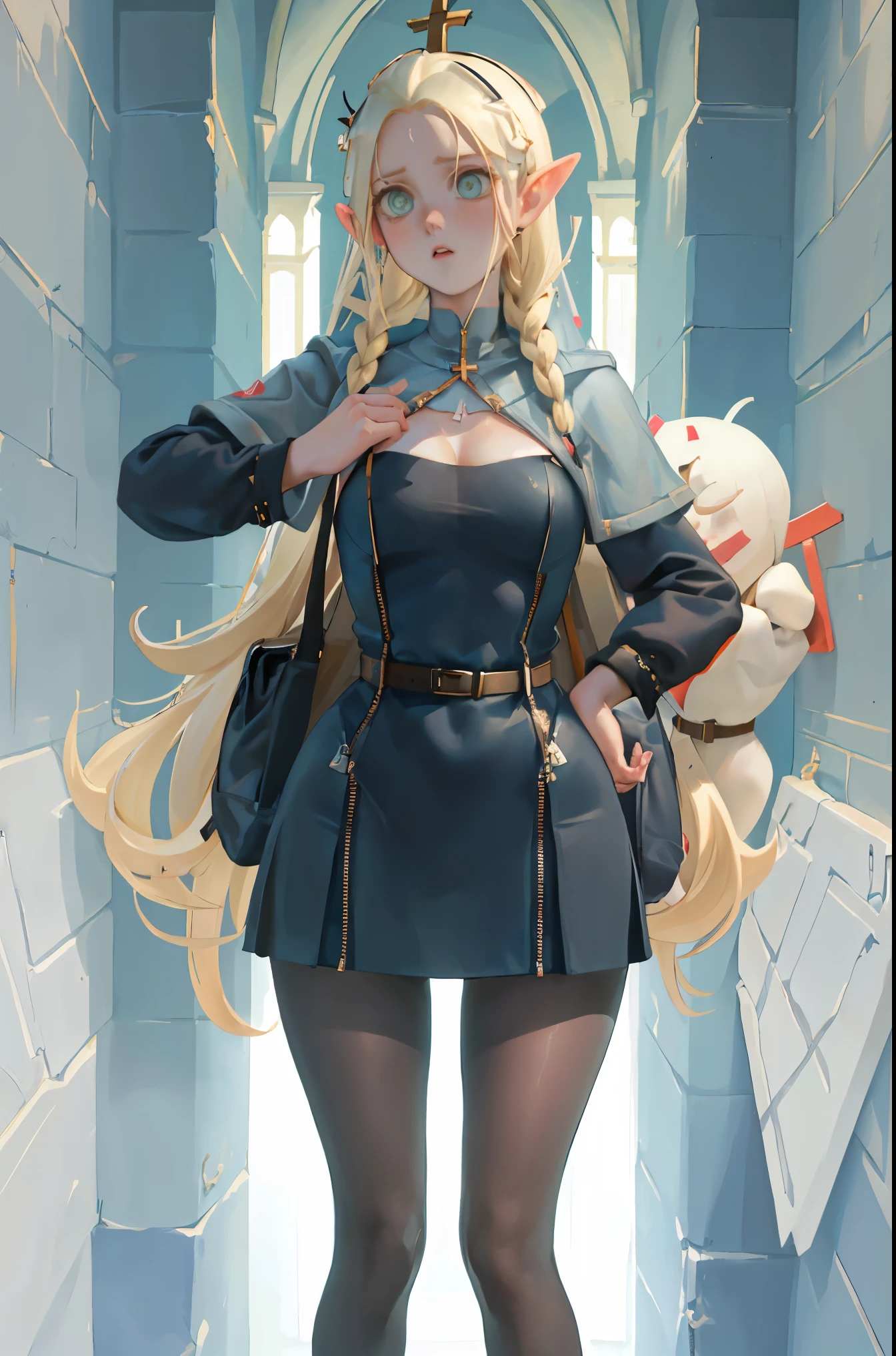 (masterpiece, best quality) detailed, Wearing black tights, silver accessories , zipper unzipped , blonde ,elegant, pointed ears ,nuns clothing,zipper clothes,cross,cross decoration